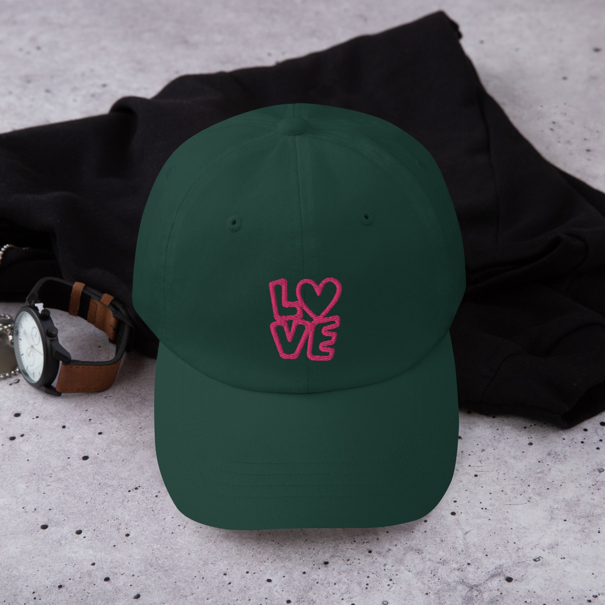Green Hat with the pink letters LOVE with the O in heart shape