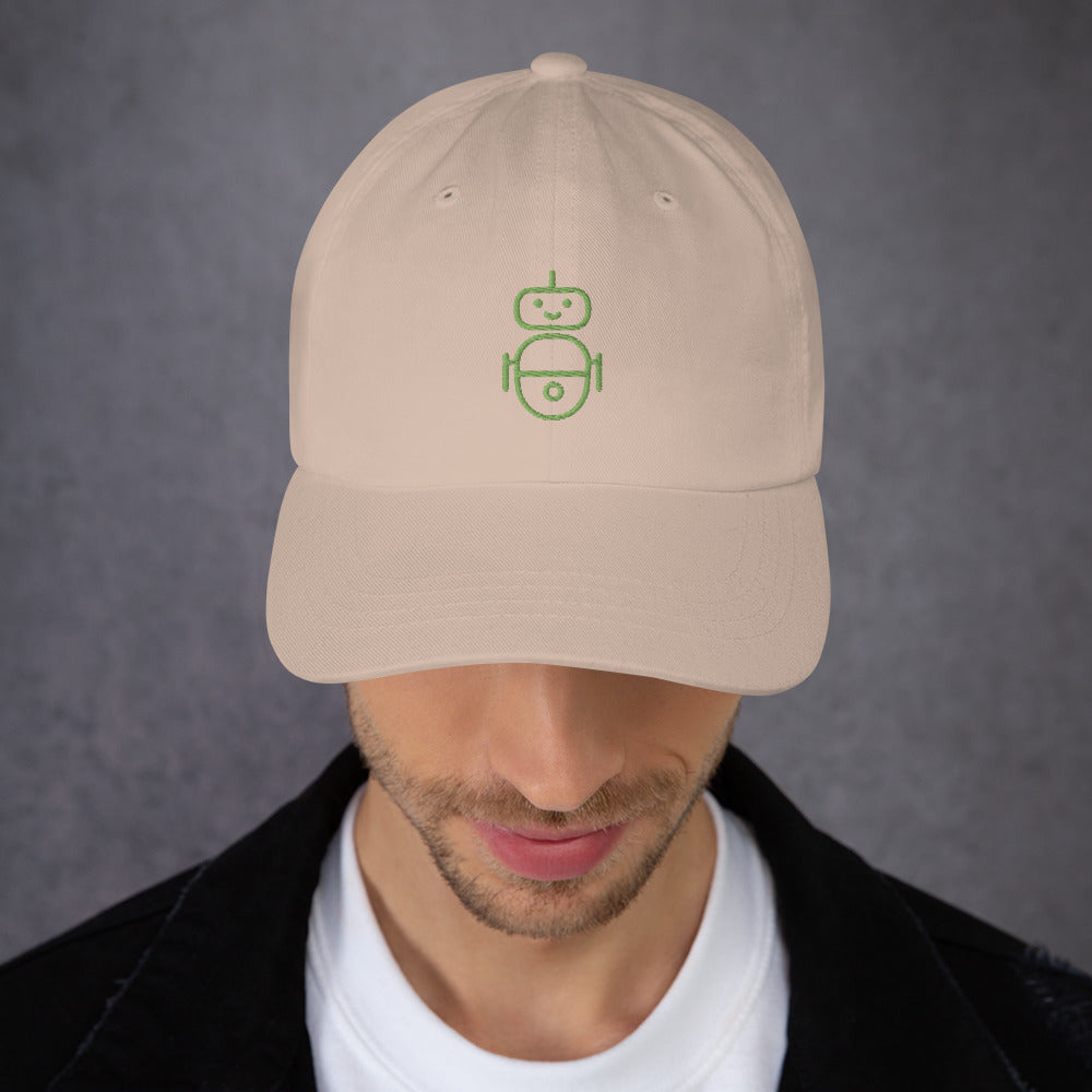 Men with stone hat with in green Android logo