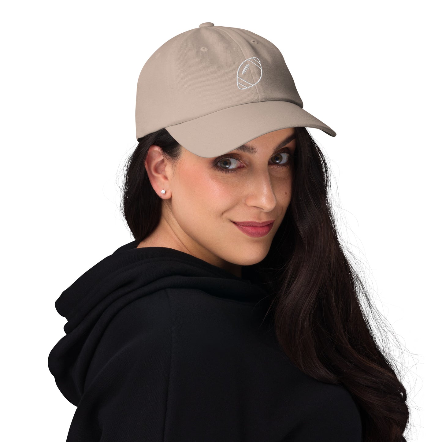 women with stone baseball cap with football