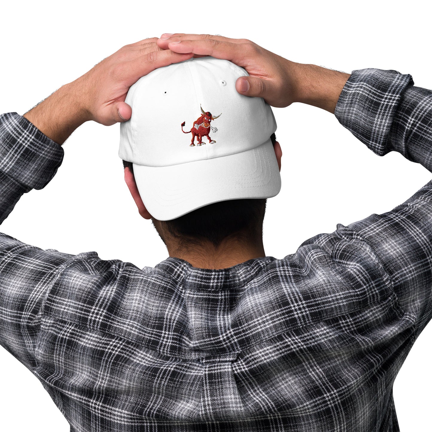 white baseball cap with bull