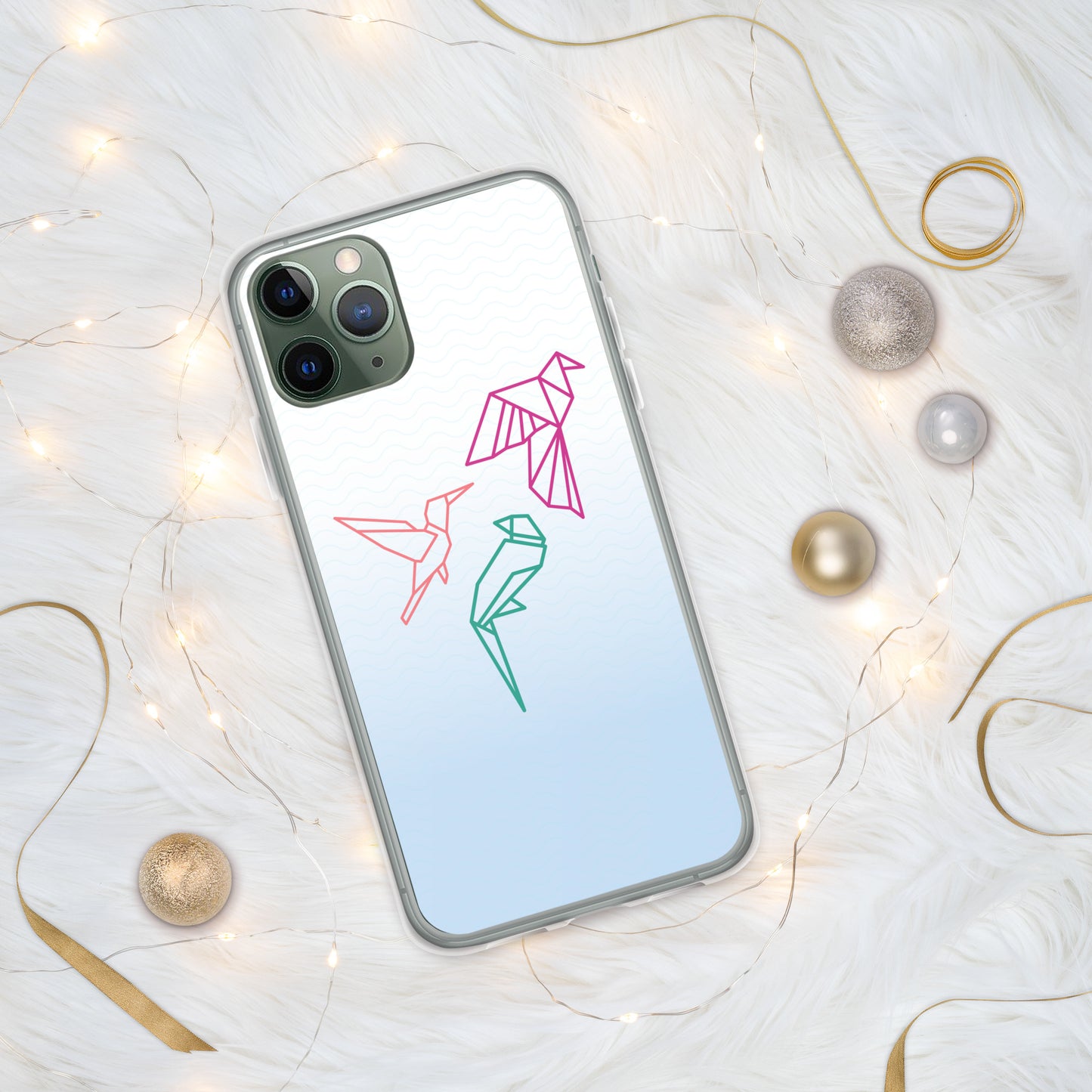 Clear case for Iphone with a three birds in orange, green and pink