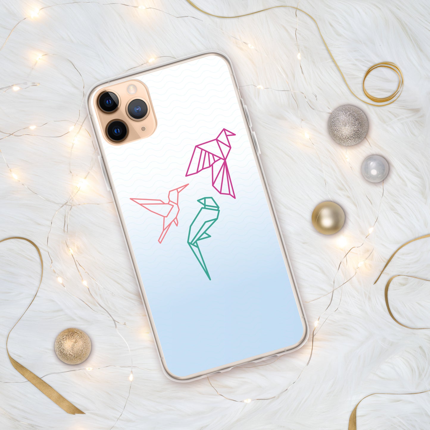 Clear case for Iphone with a three birds in orange, green and pink