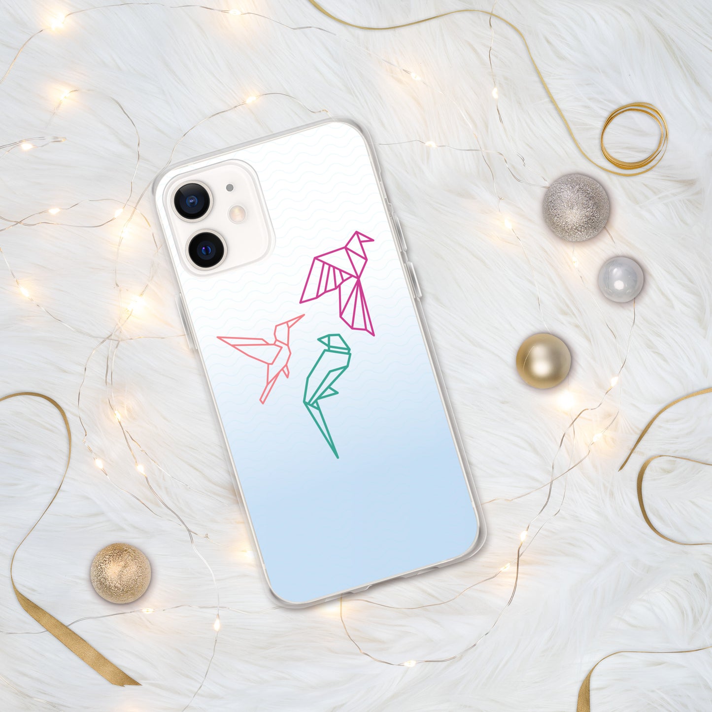 Clear case for Iphone with a three birds in orange, green and pink