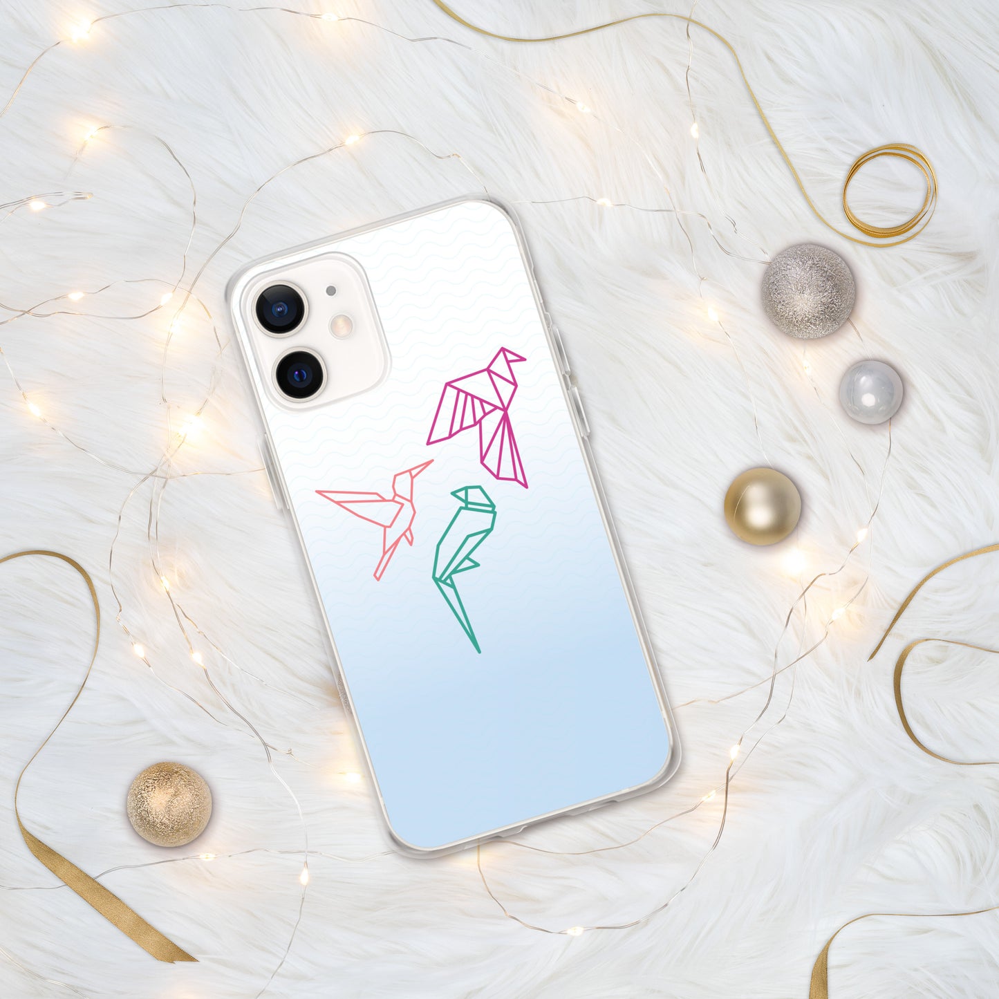 Clear case for Iphone with a three birds in orange, green and pink
