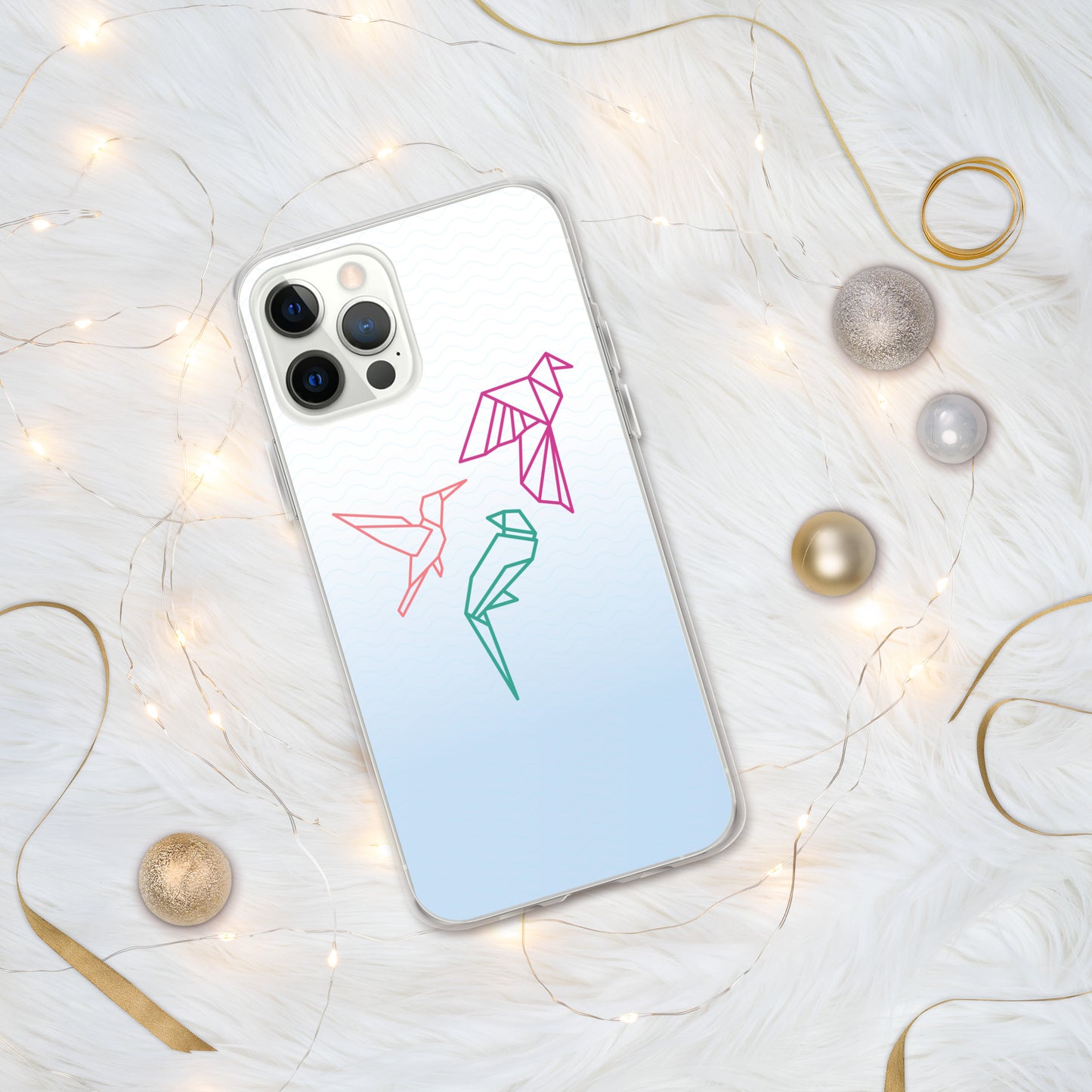 Clear case for Iphone with a three birds in orange, green and pink