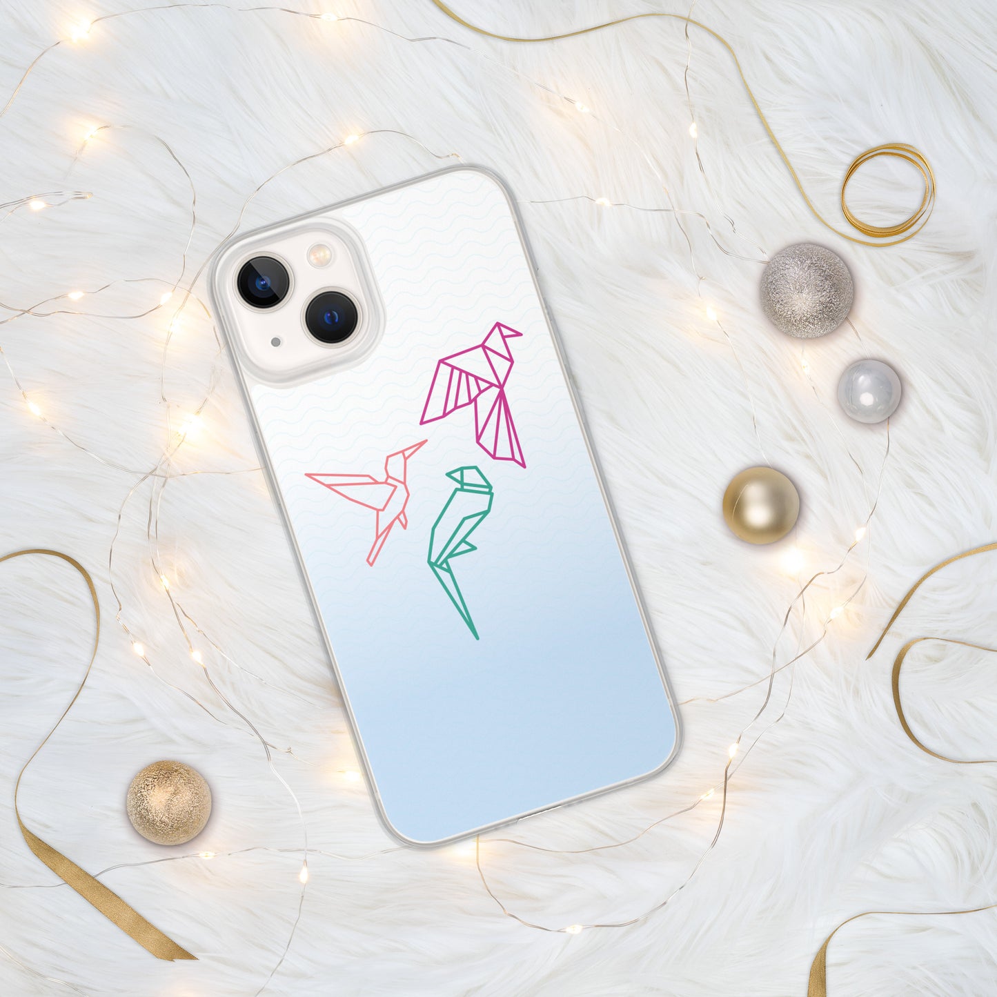 Clear case for Iphone with a three birds in orange, green and pink