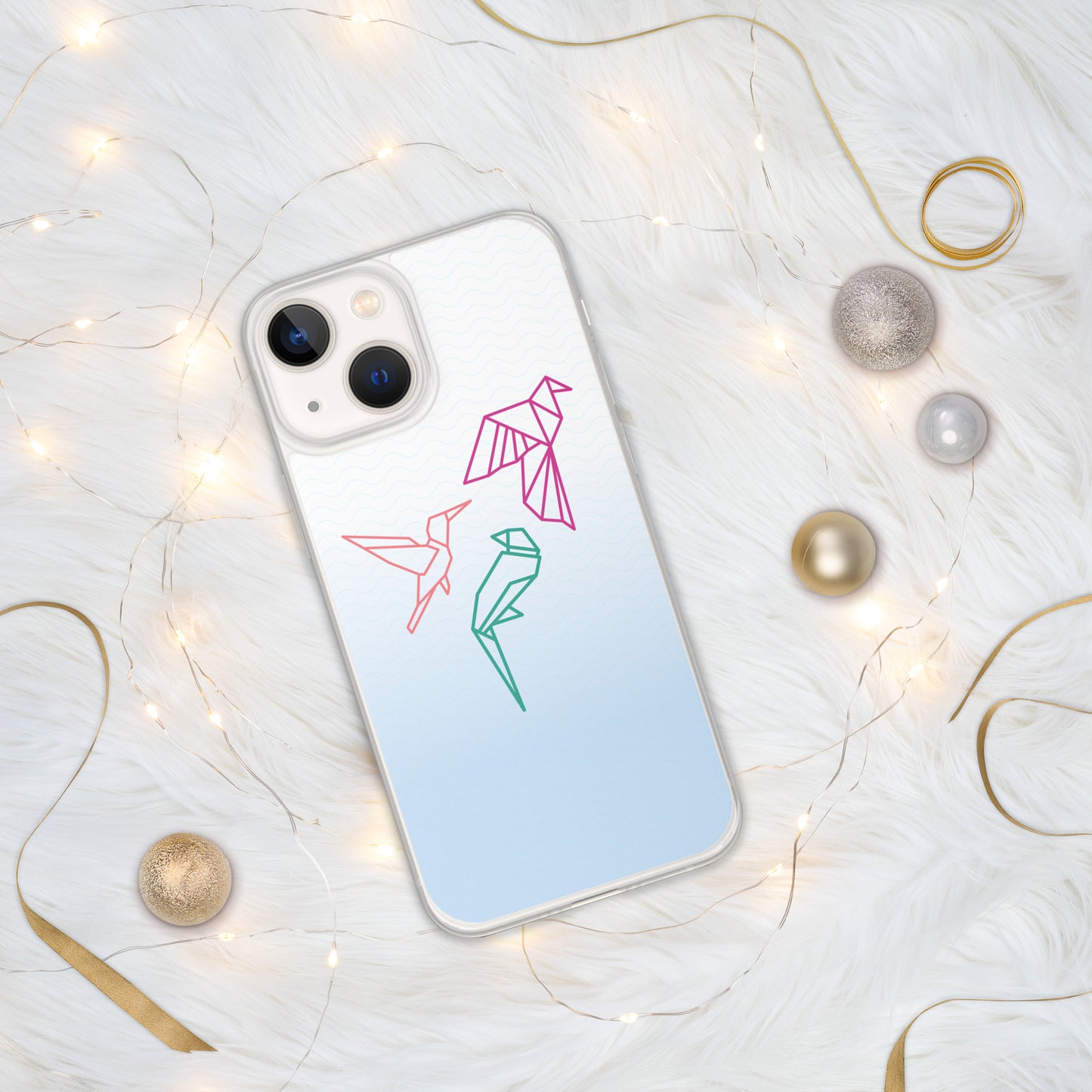 Clear case for Iphone with a three birds in orange, green and pink