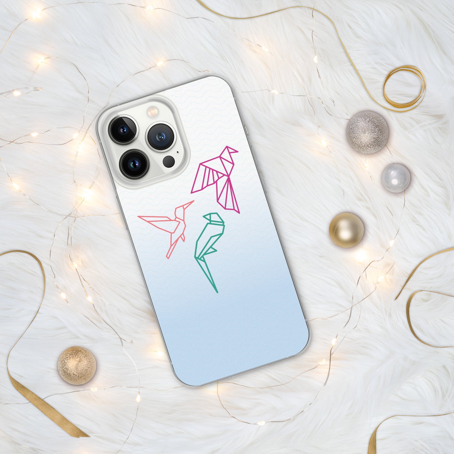 Clear case for Iphone with a three birds in orange, green and pink