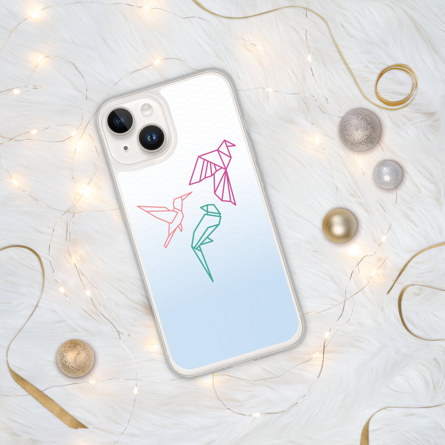 Clear case for Iphone with a three birds in orange, green and pink
