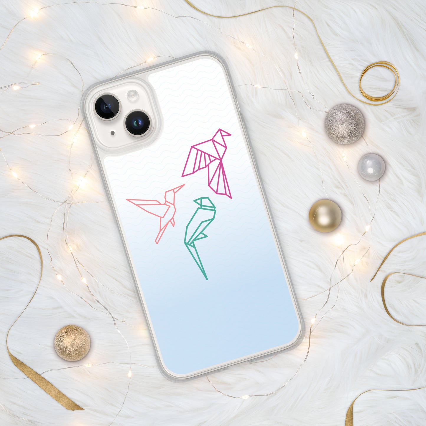 Clear case for Iphone with a three birds in orange, green and pink