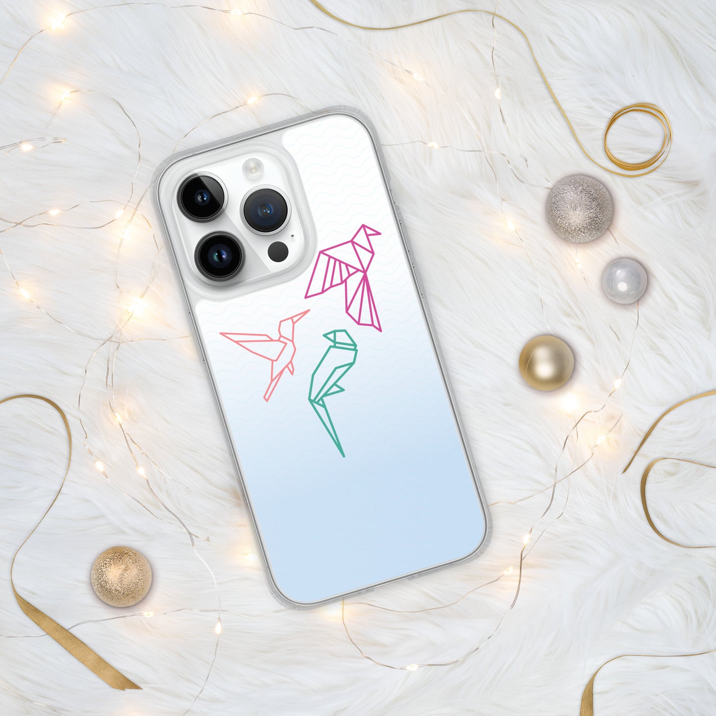 Clear case for Iphone with a three birds in orange, green and pink