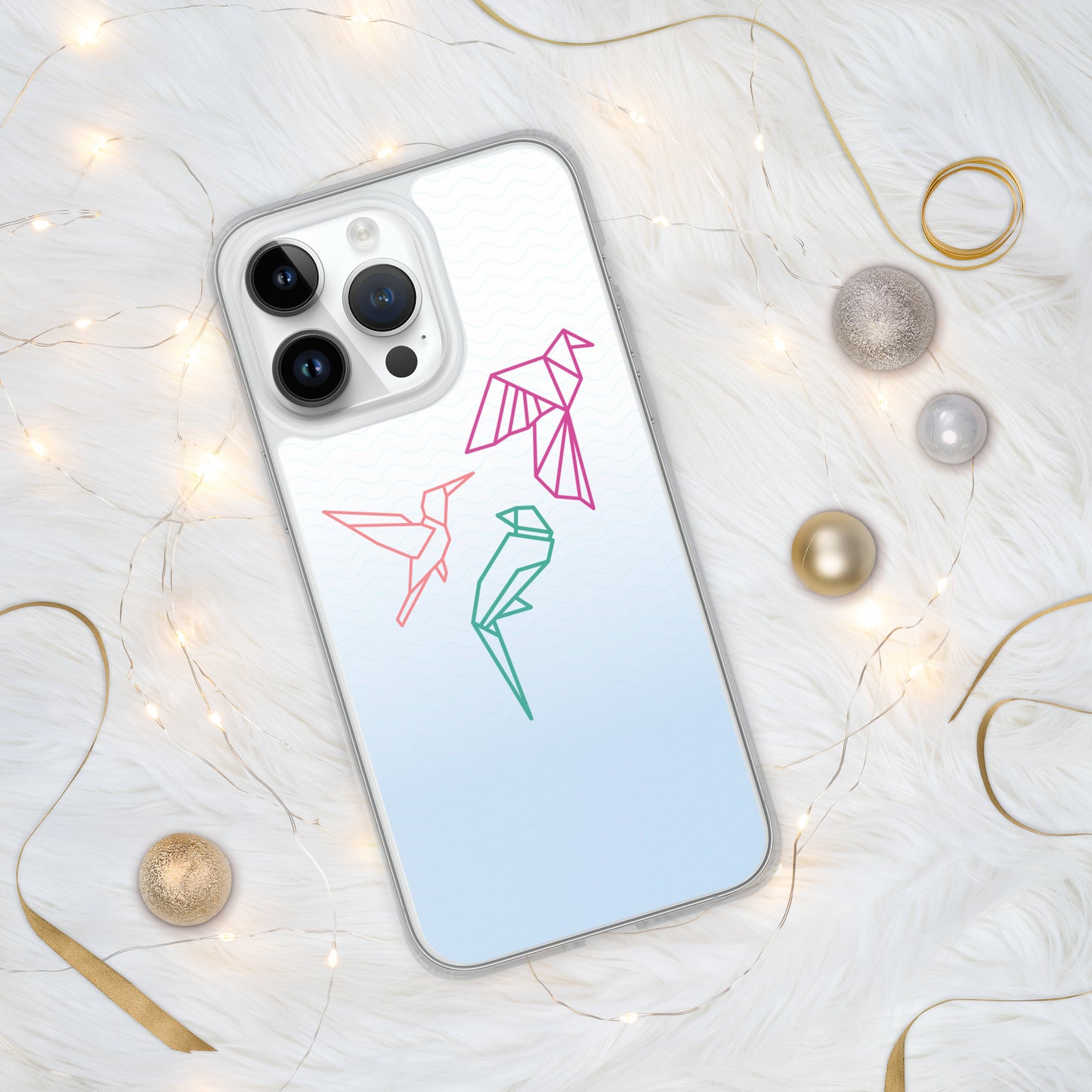 Clear case for Iphone with a three birds in orange, green and pink