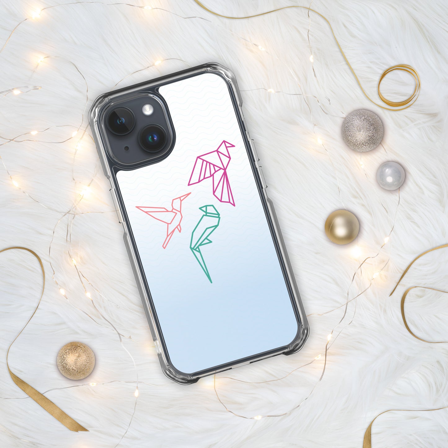 Clear case for Iphone with a three birds in orange, green and pink