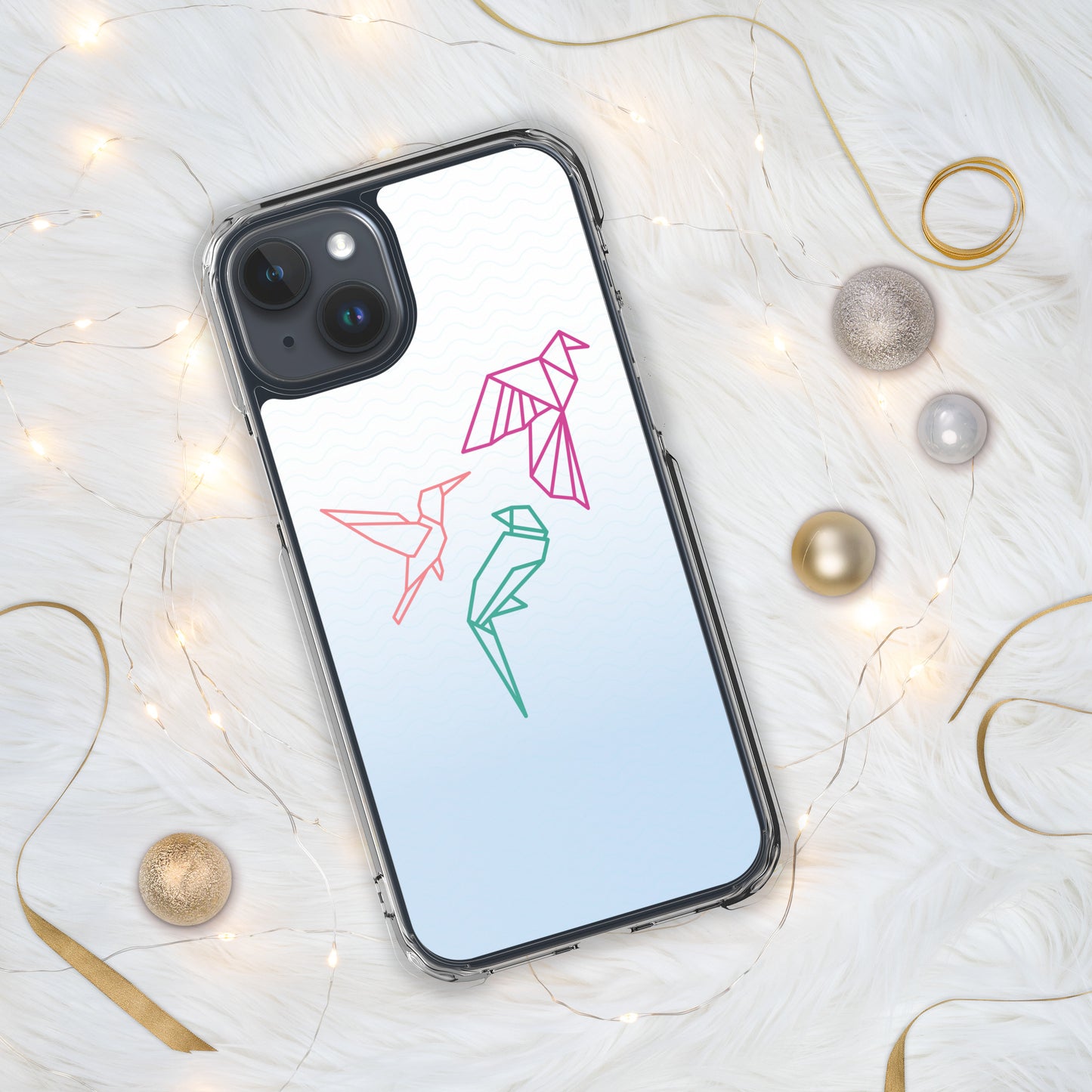 Clear case for Iphone with a three birds in orange, green and pink