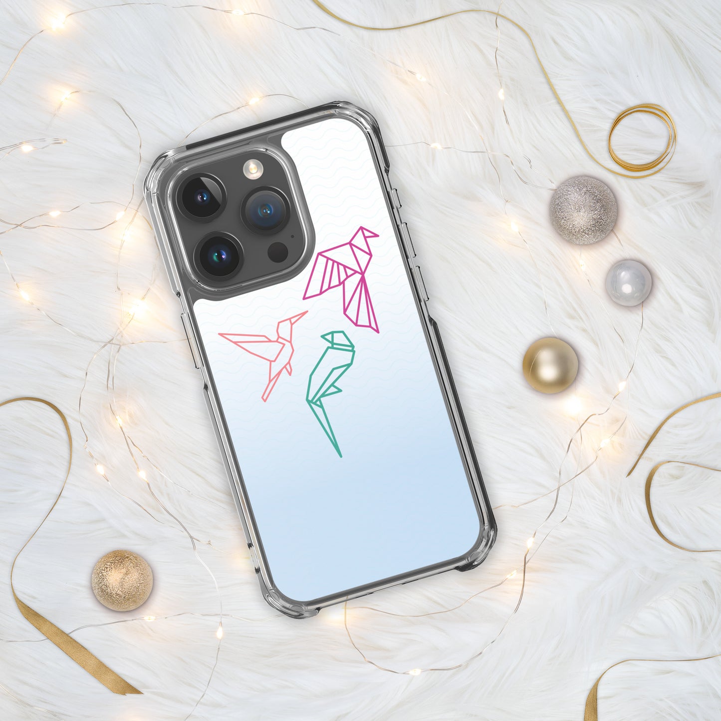 Clear case for Iphone with a three birds in orange, green and pink
