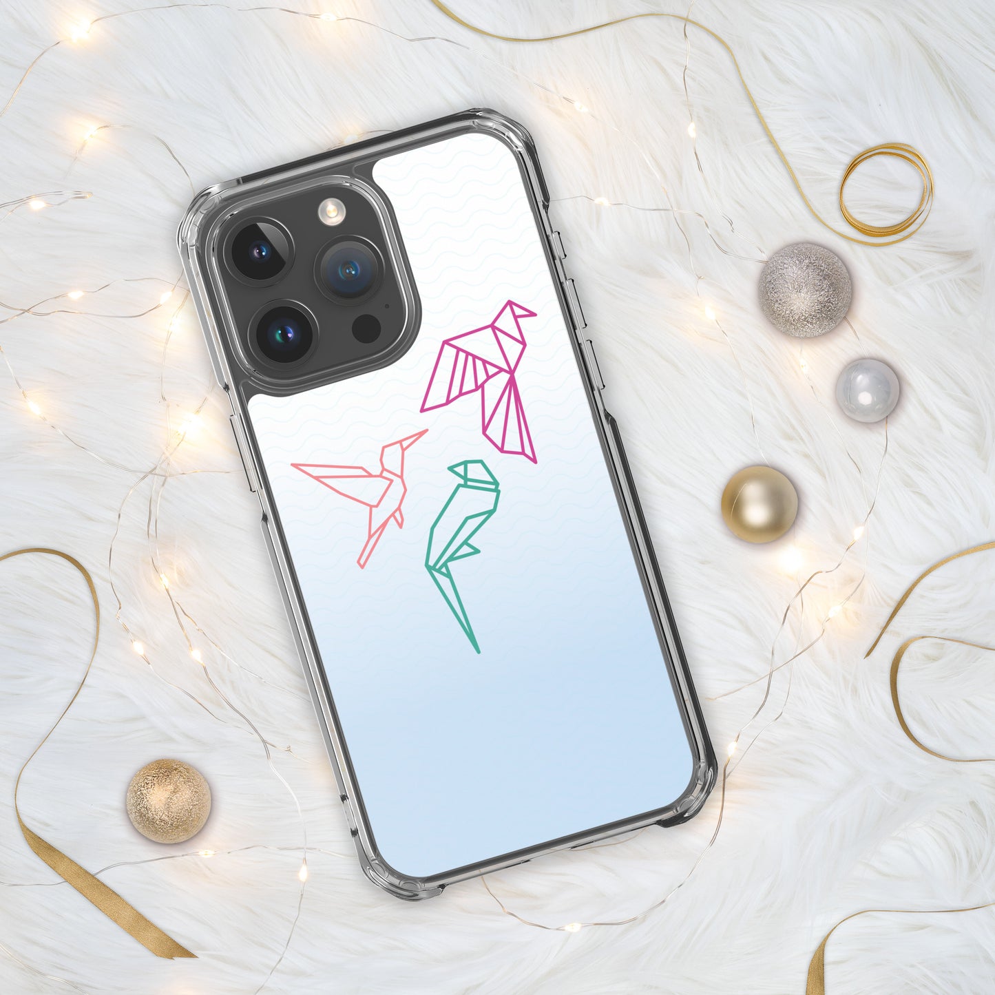 Clear case for Iphone with a three birds in orange, green and pink