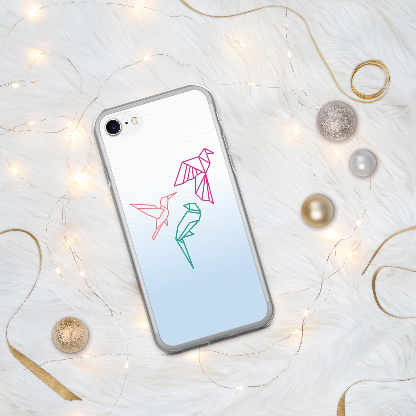 Clear case for Iphone with a three birds in orange, green and pink