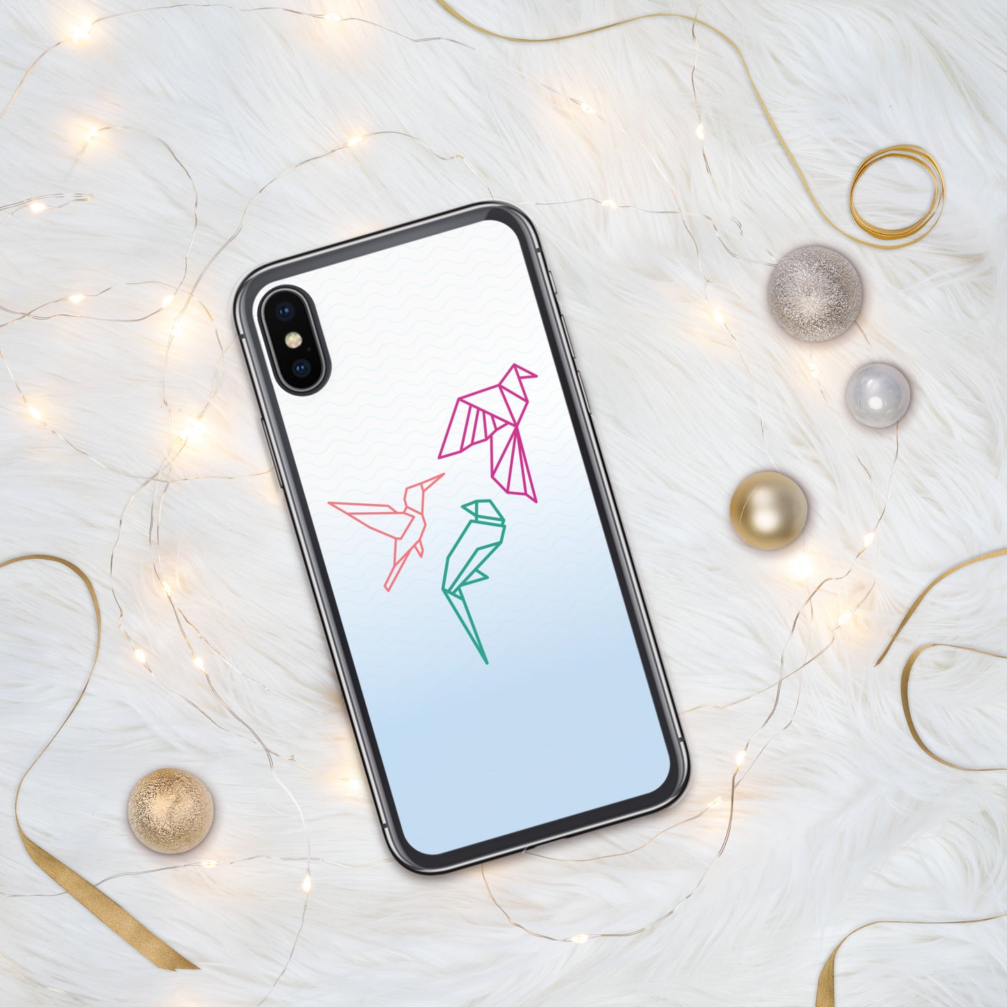 Clear case for Iphone with a three birds in orange, green and pink
