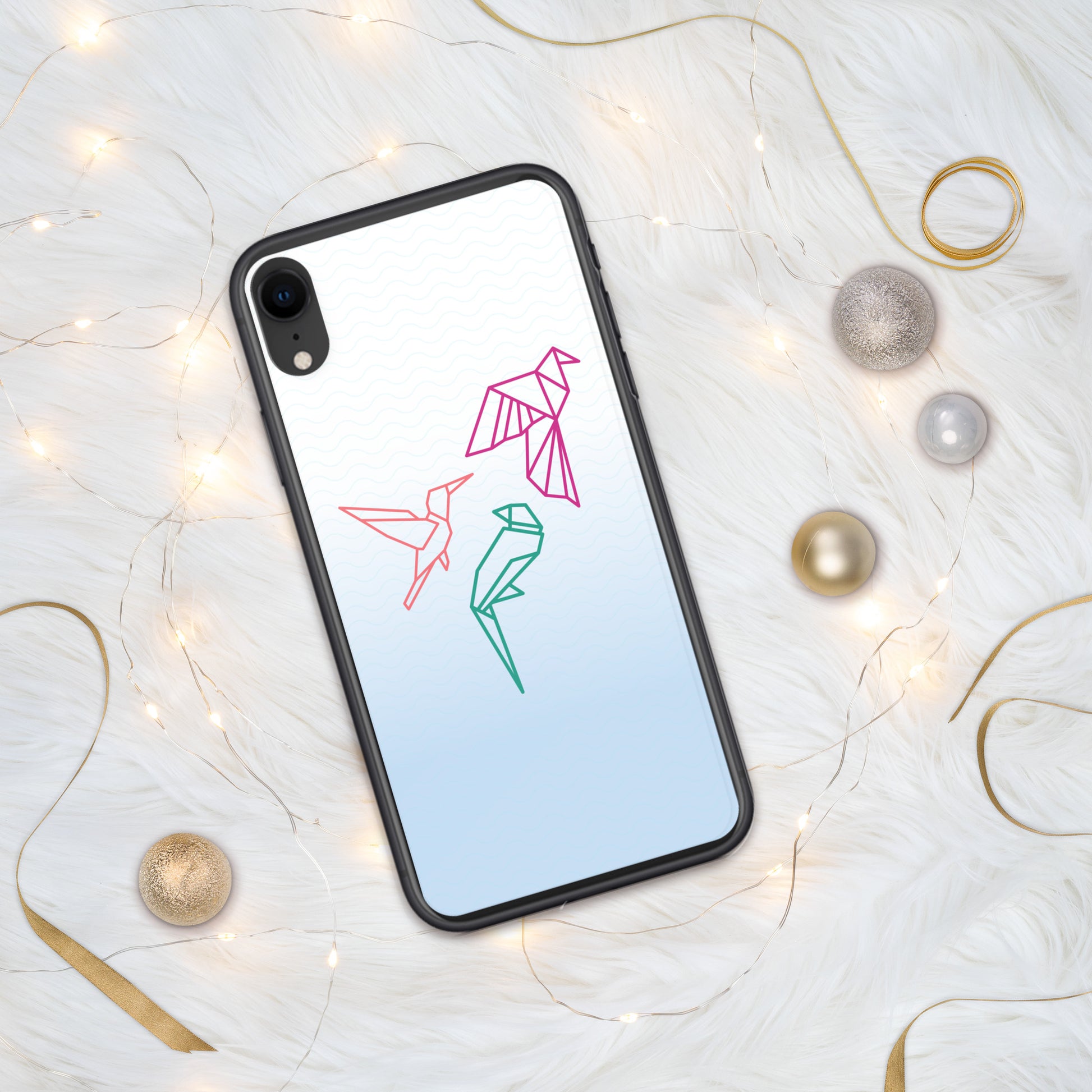 Clear case for Iphone with a three birds in orange, green and pink