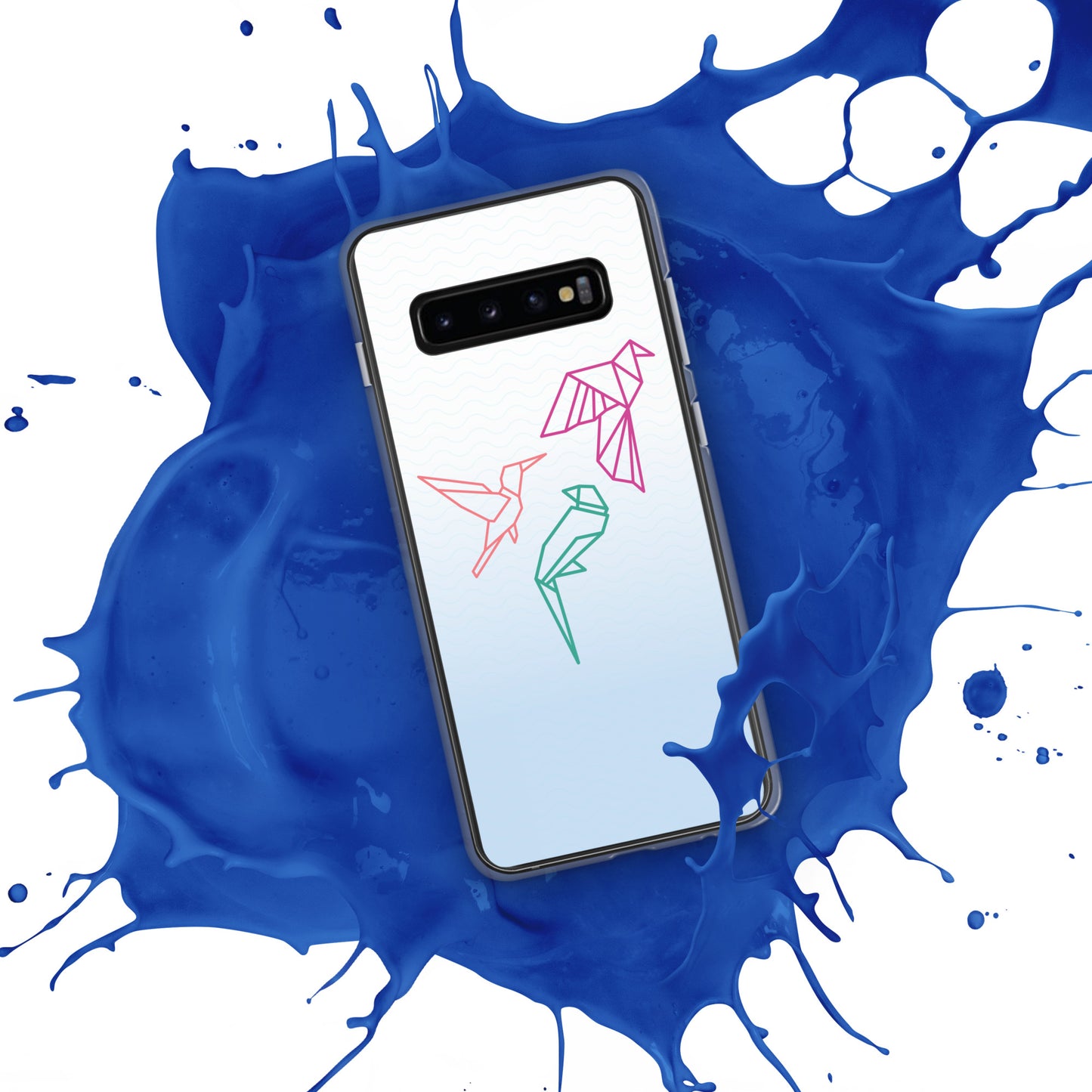 Clear case for Samsung with a three birds in orange, green and pink