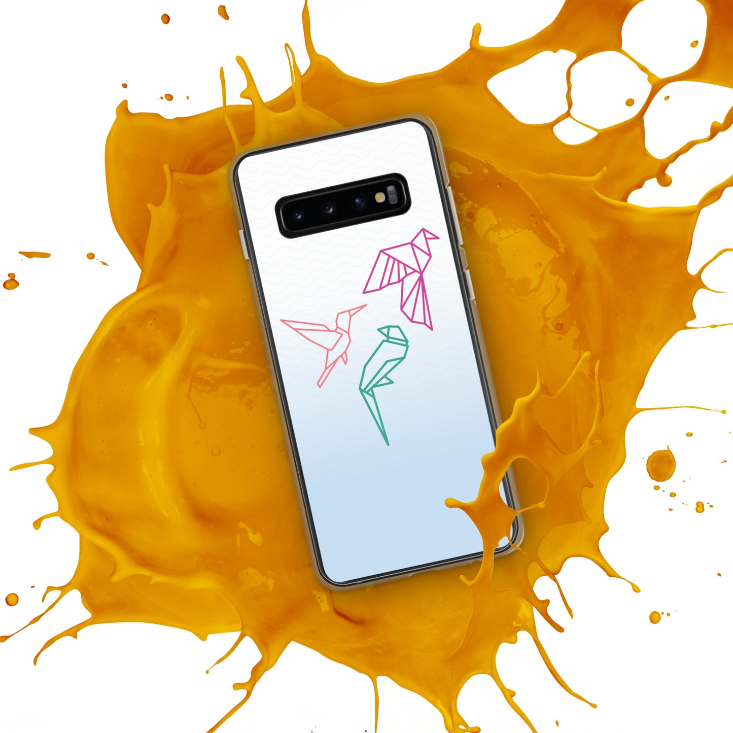Clear case for Samsung with a three birds in orange, green and pink