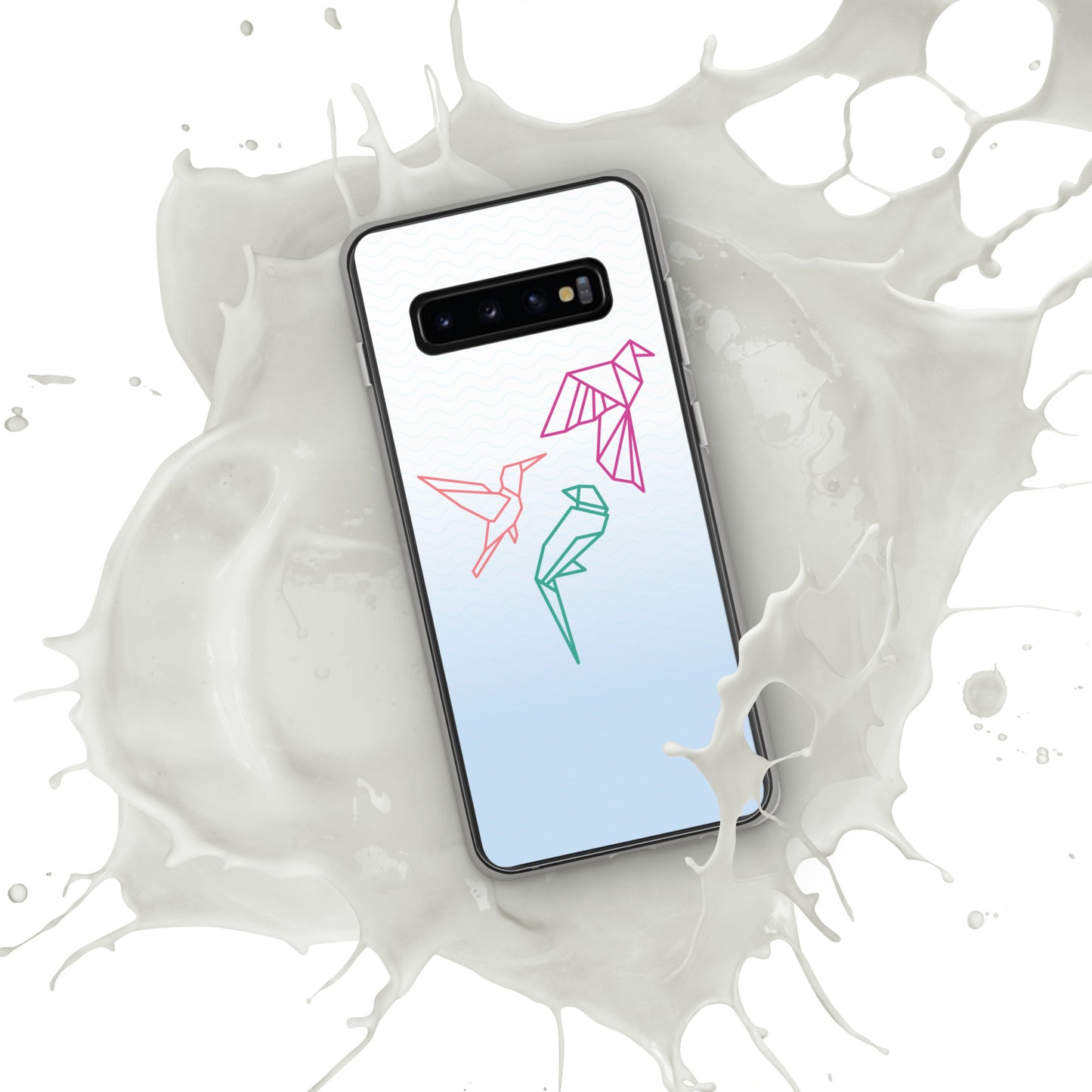 Clear case for Samsung with a three birds in orange, green and pink