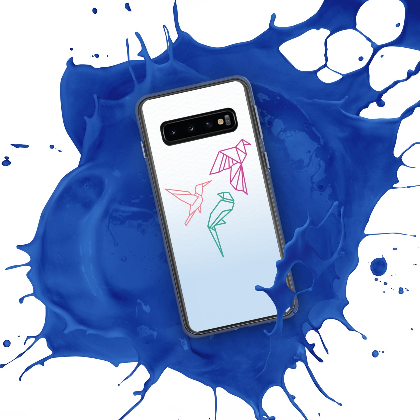 Clear case for Samsung with a three birds in orange, green and pink