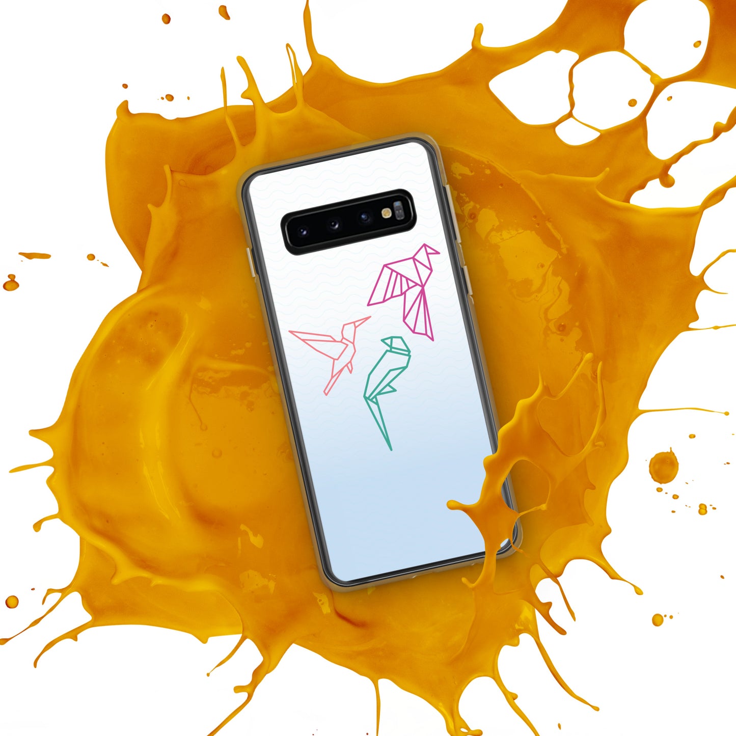 Clear case for Samsung with a three birds in orange, green and pink