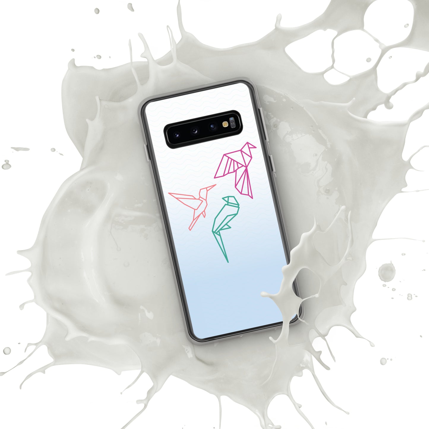 Clear case for Samsung with a three birds in orange, green and pink