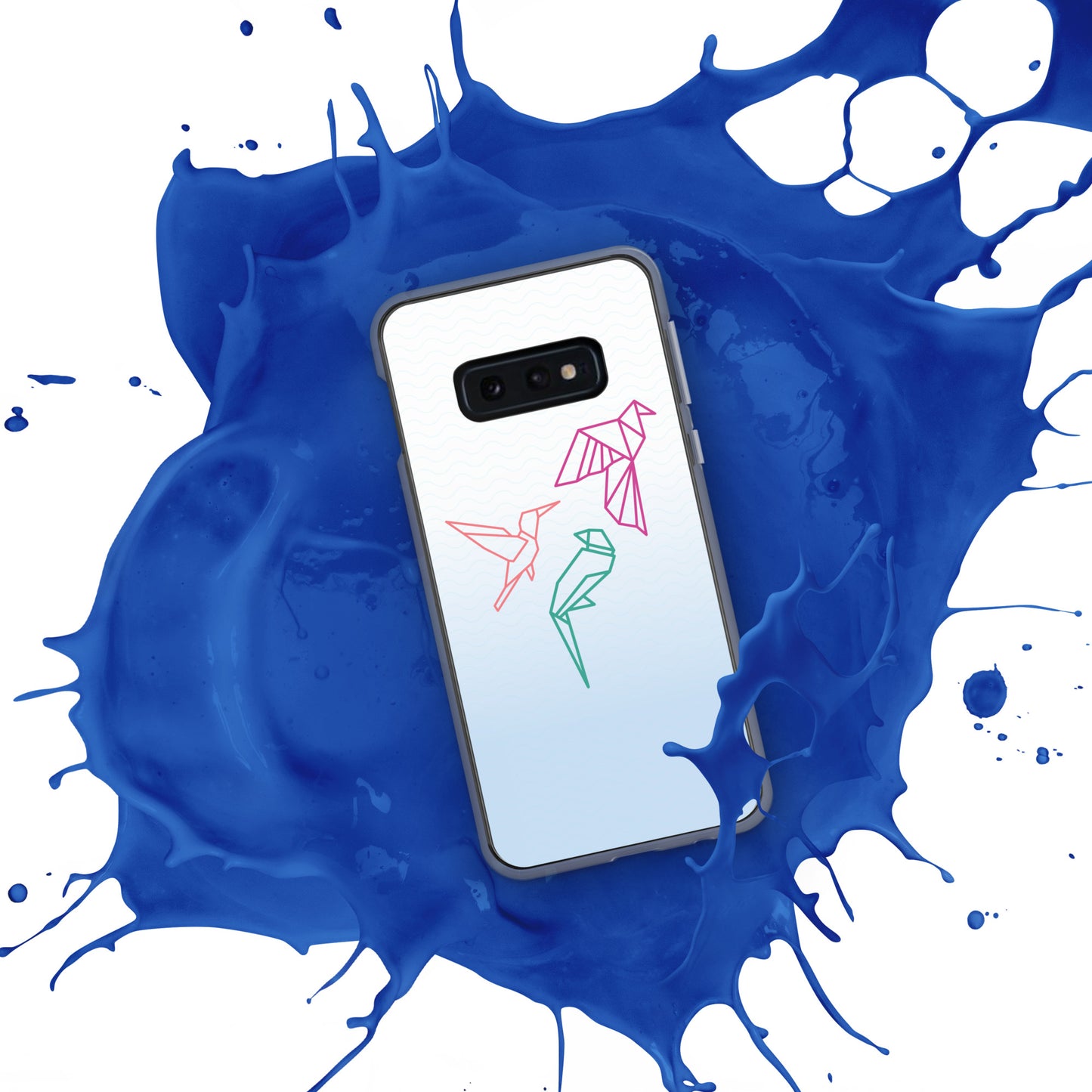 Clear case for Samsung with a three birds in orange, green and pink