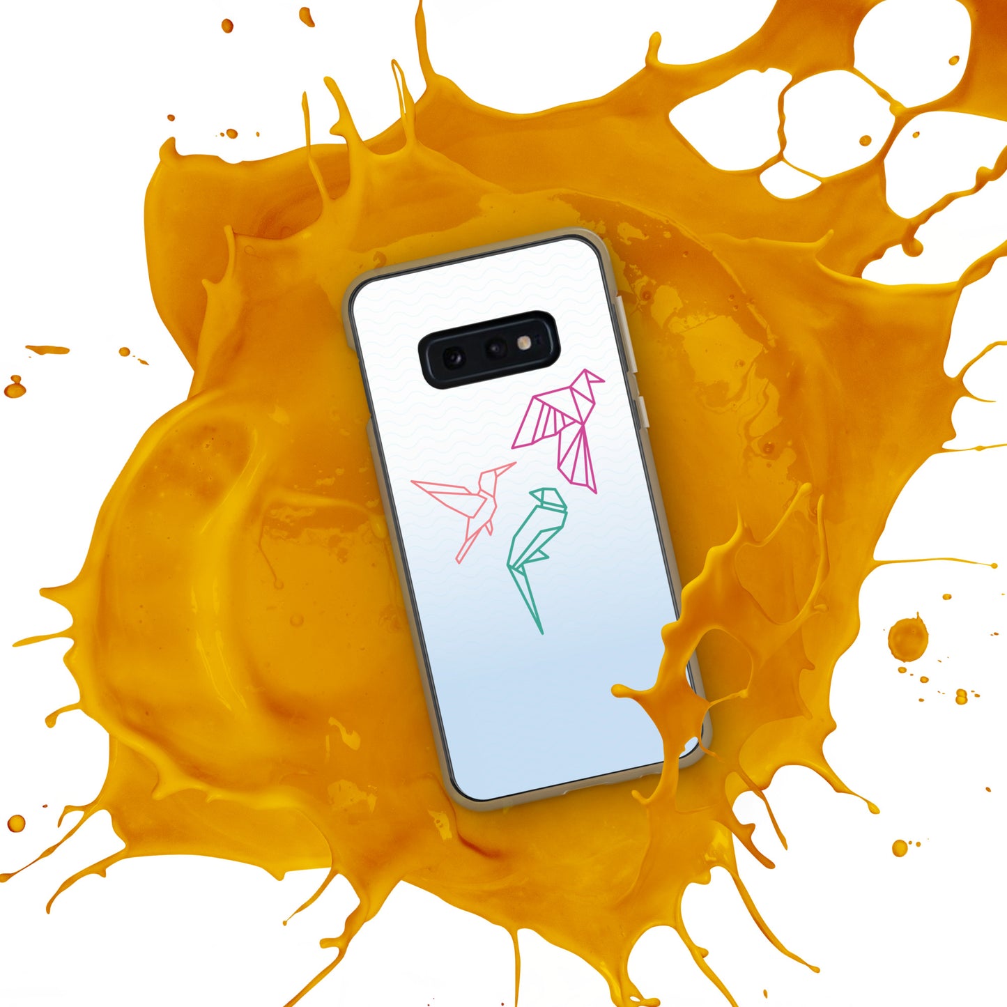 Clear case for Samsung with a three birds in orange, green and pink