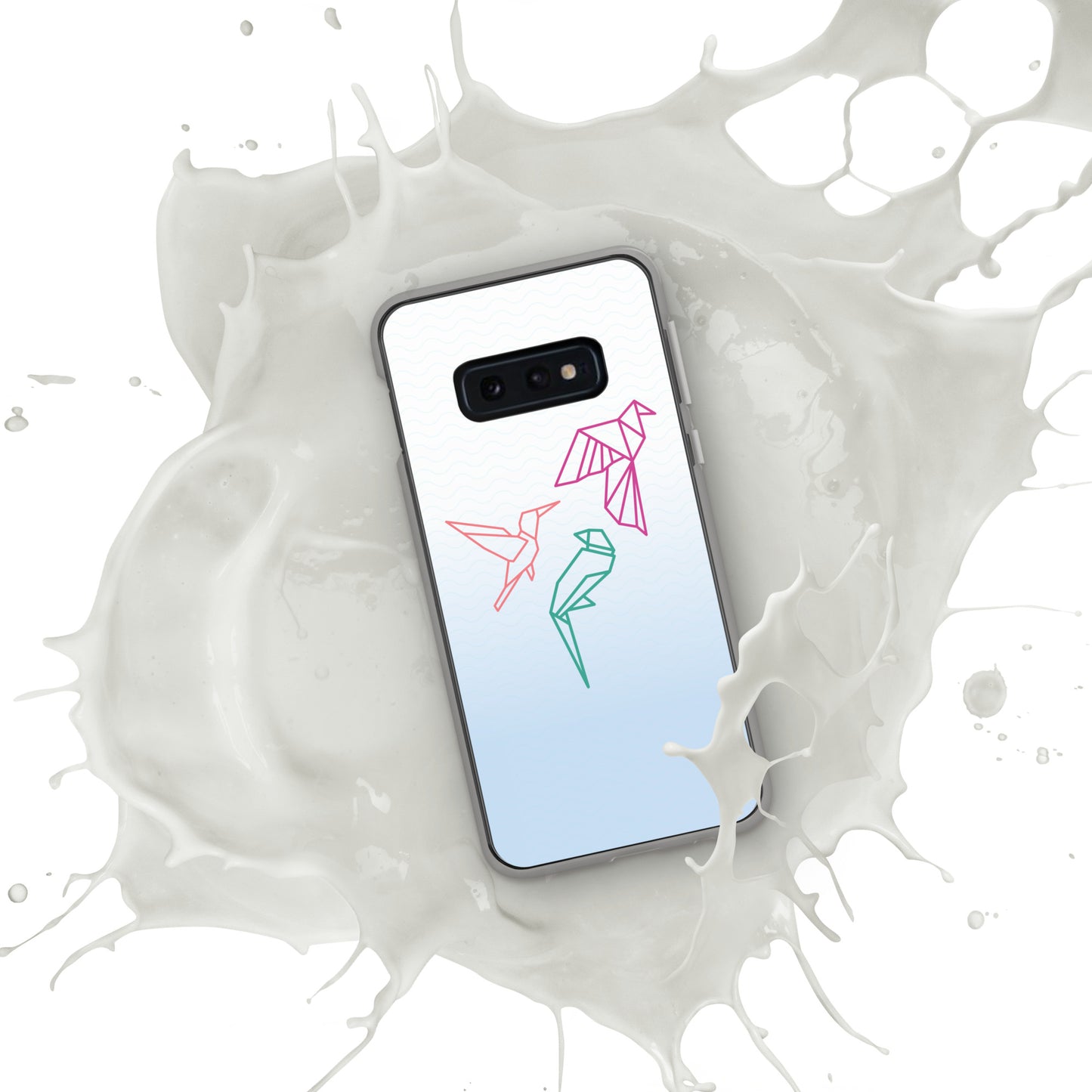 Clear case for Samsung with a three birds in orange, green and pink