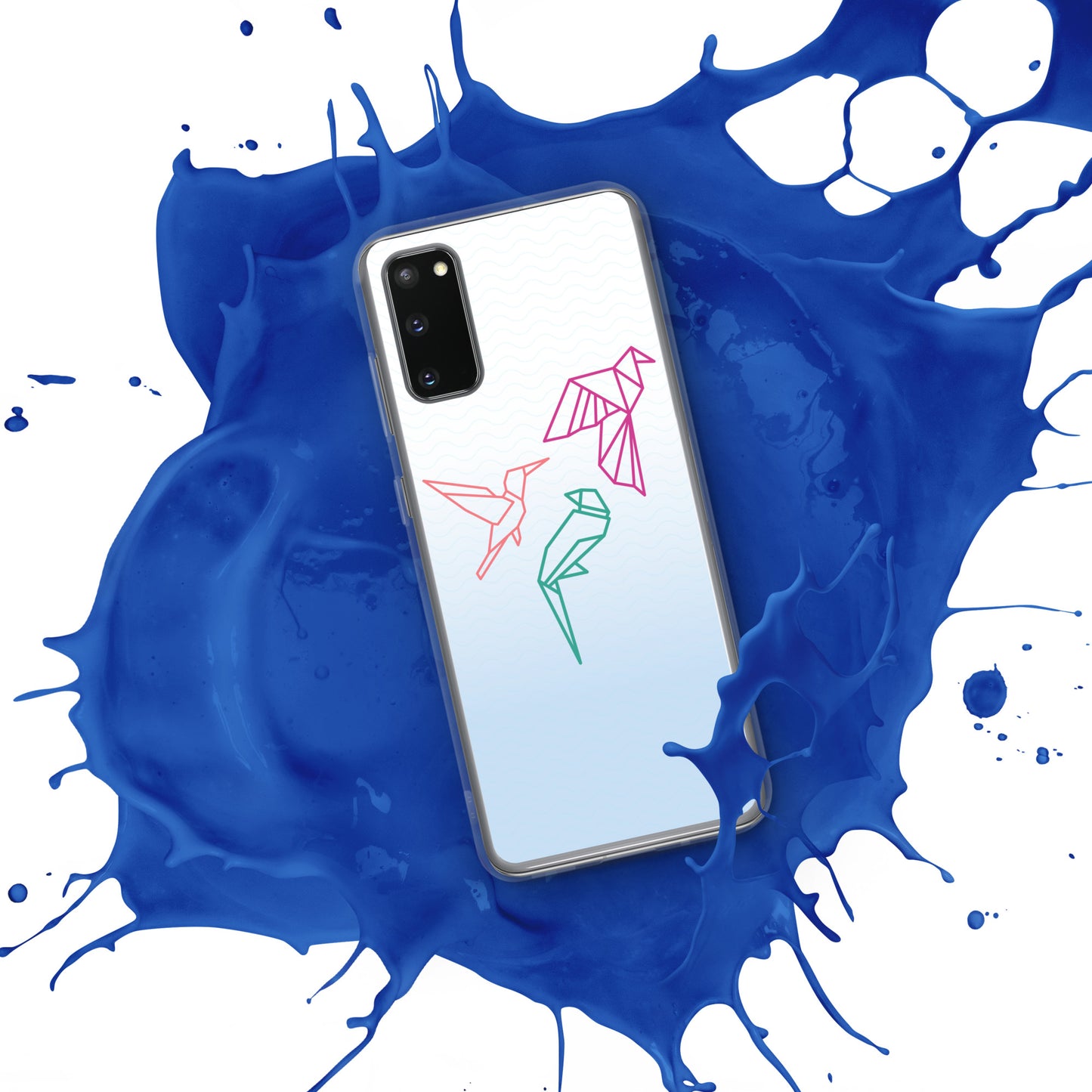 Clear case for Samsung with a three birds in orange, green and pink
