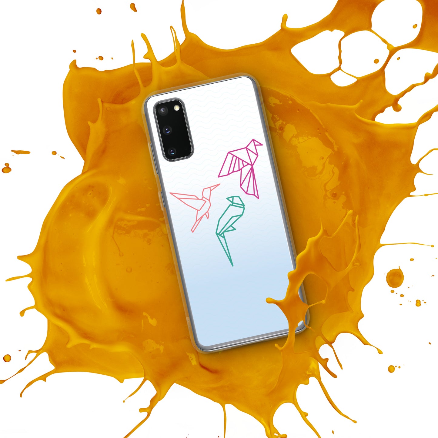Clear case for Samsung with a three birds in orange, green and pink