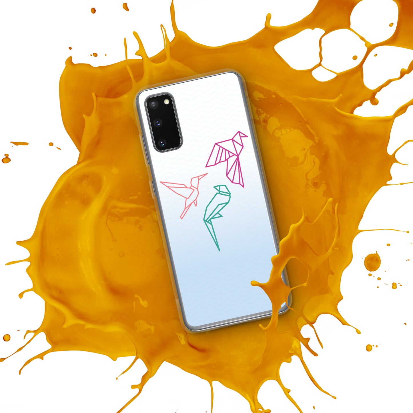 Clear case for Samsung with a three birds in orange, green and pink