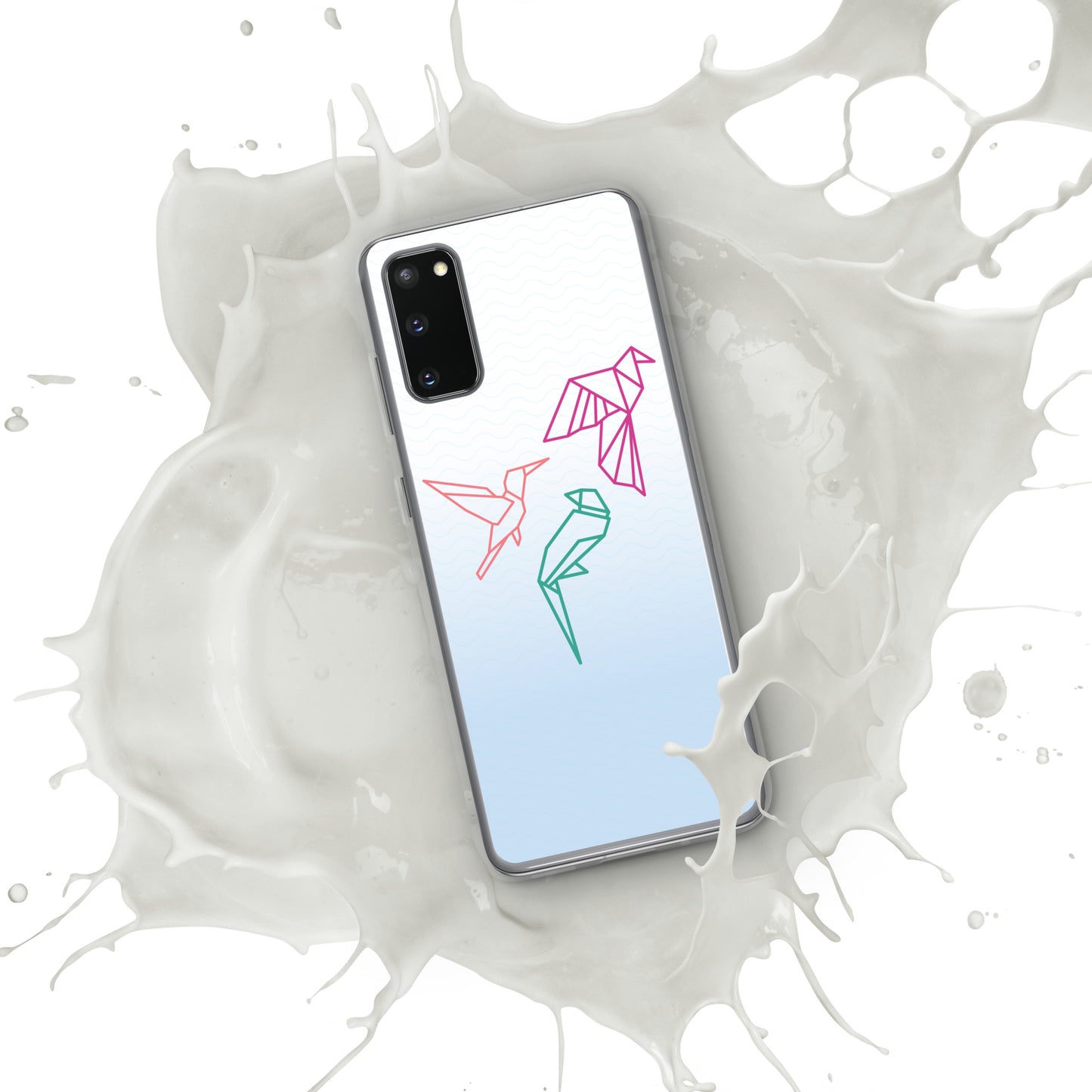 Clear case for Samsung with a three birds in orange, green and pink
