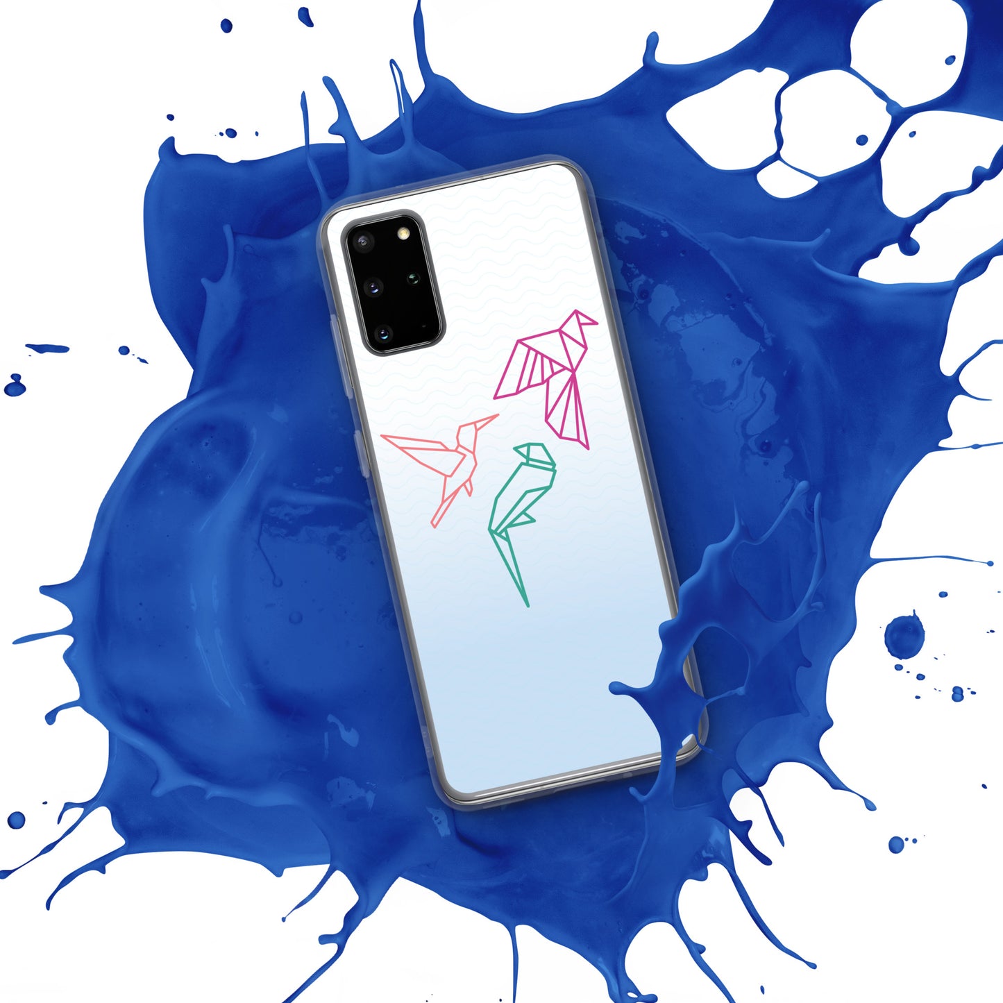 Clear case for Samsung with a three birds in orange, green and pink