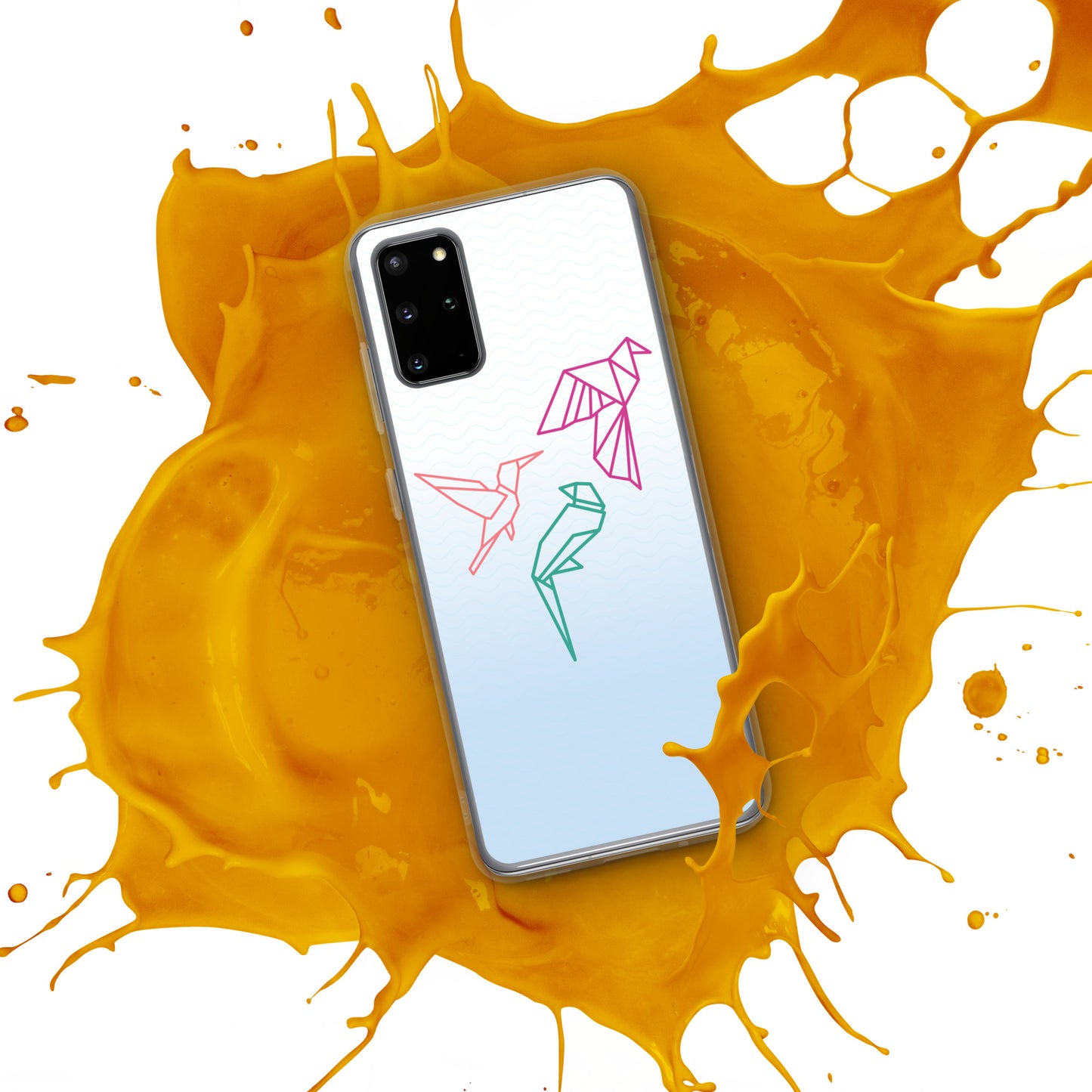 Clear case for Samsung with a three birds in orange, green and pink