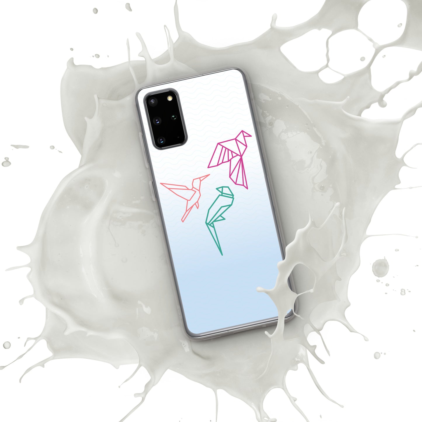 Clear case for Samsung with a three birds in orange, green and pink