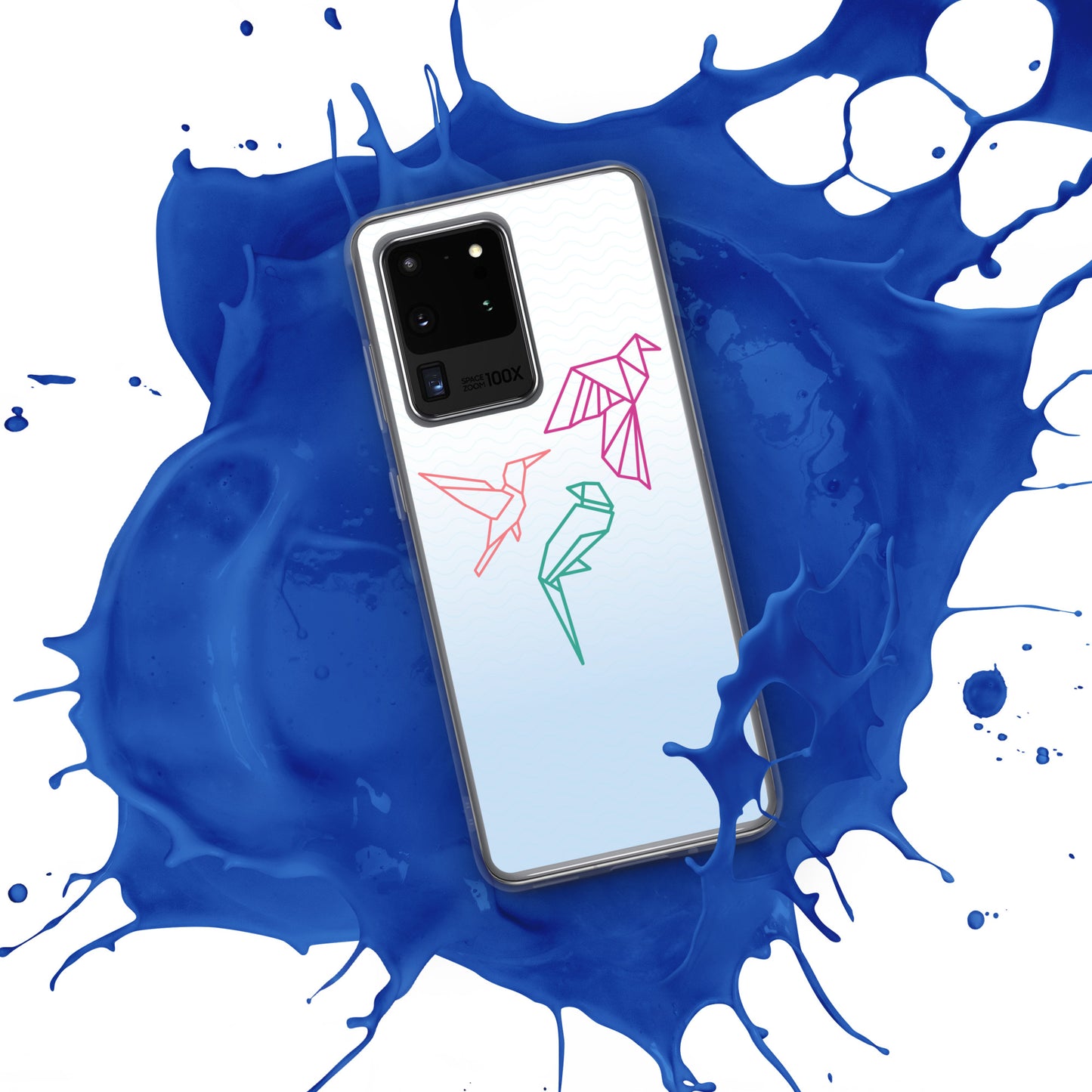 Clear case for Samsung with a three birds in orange, green and pink