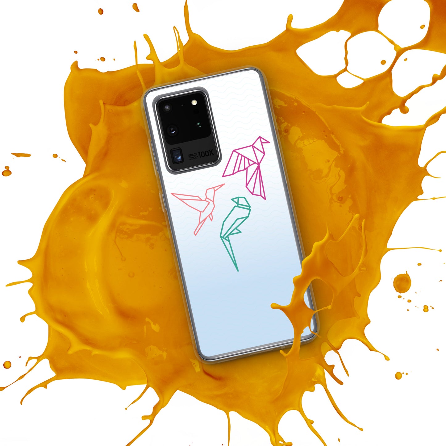 Clear case for Samsung with a three birds in orange, green and pink