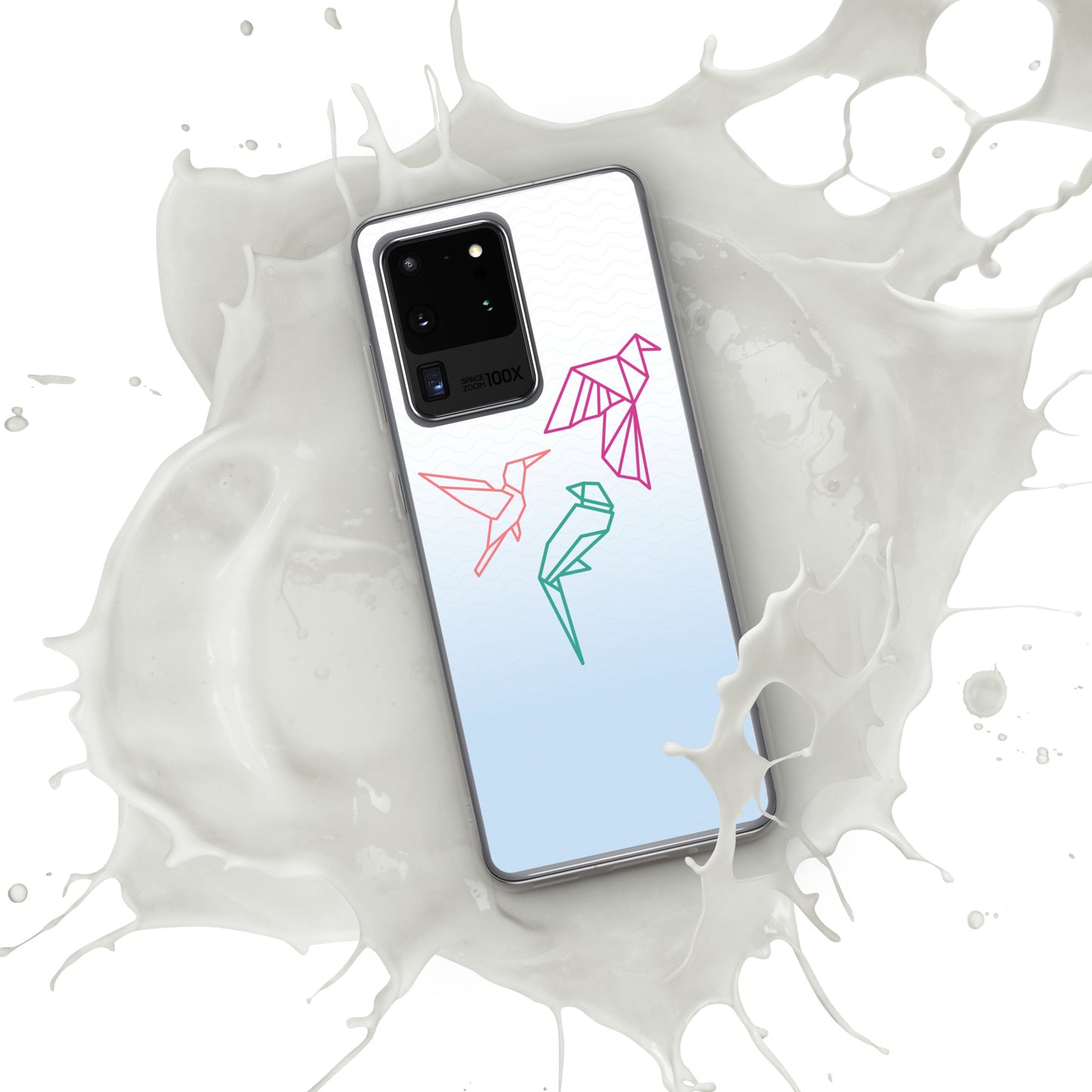 Clear case for Samsung with a three birds in orange, green and pink