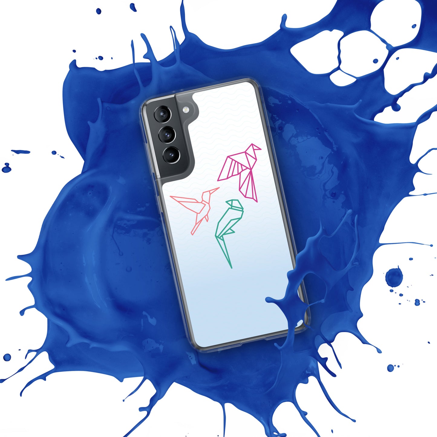 Clear case for Samsung with a three birds in orange, green and pink