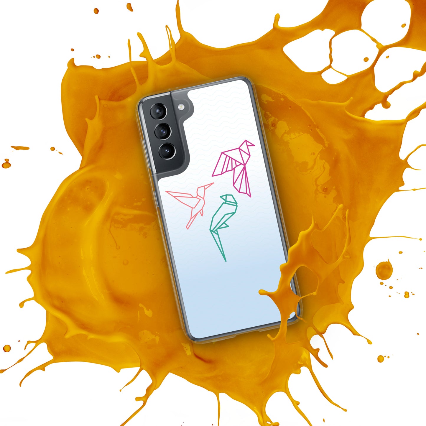 Clear case for Samsung with a three birds in orange, green and pink