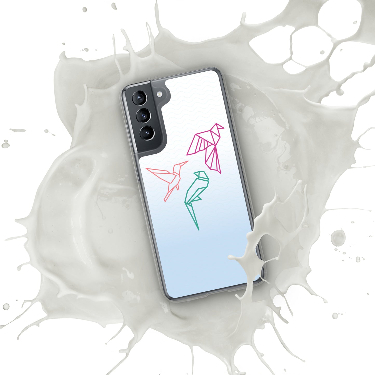 Clear case for Samsung with a three birds in orange, green and pink