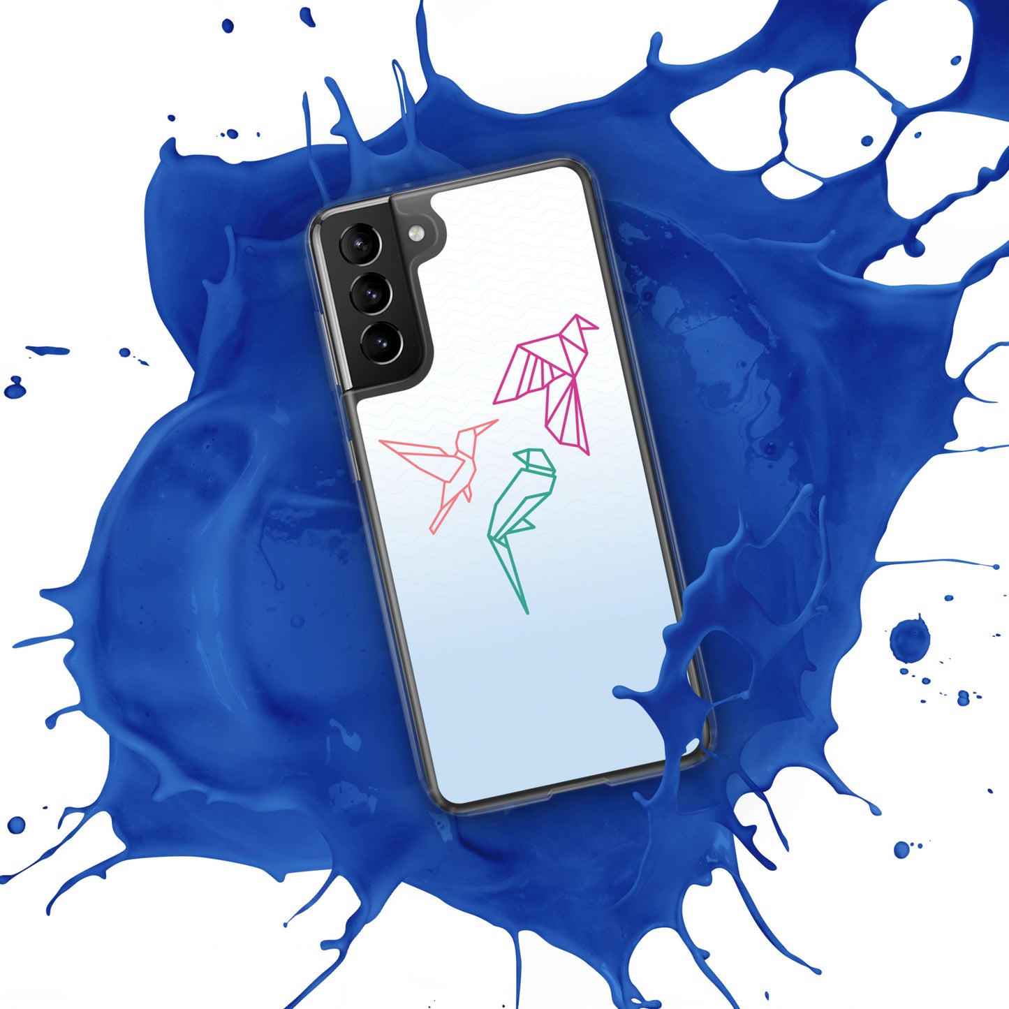 Clear case for Samsung with a three birds in orange, green and pink