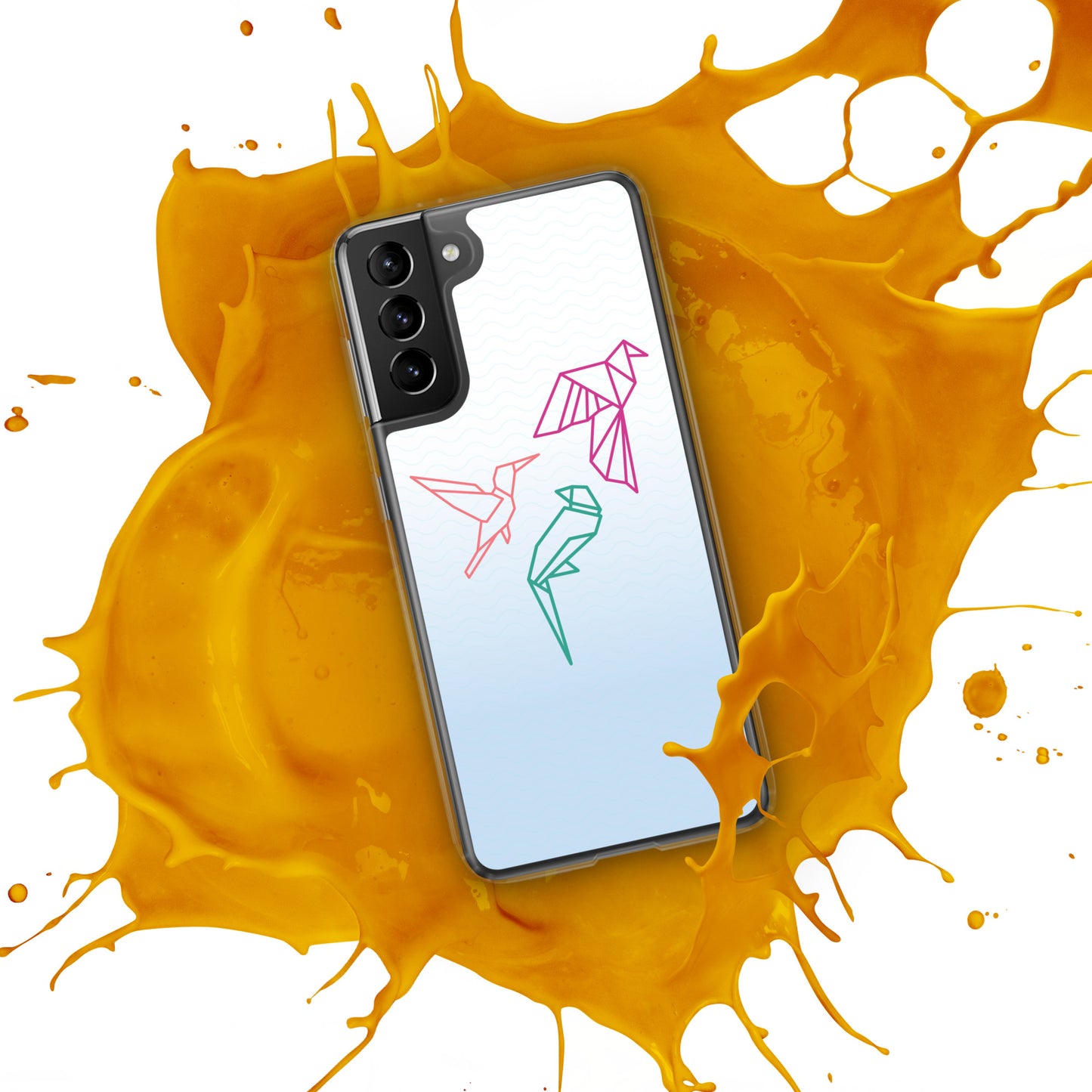 Clear case for Samsung with a three birds in orange, green and pink