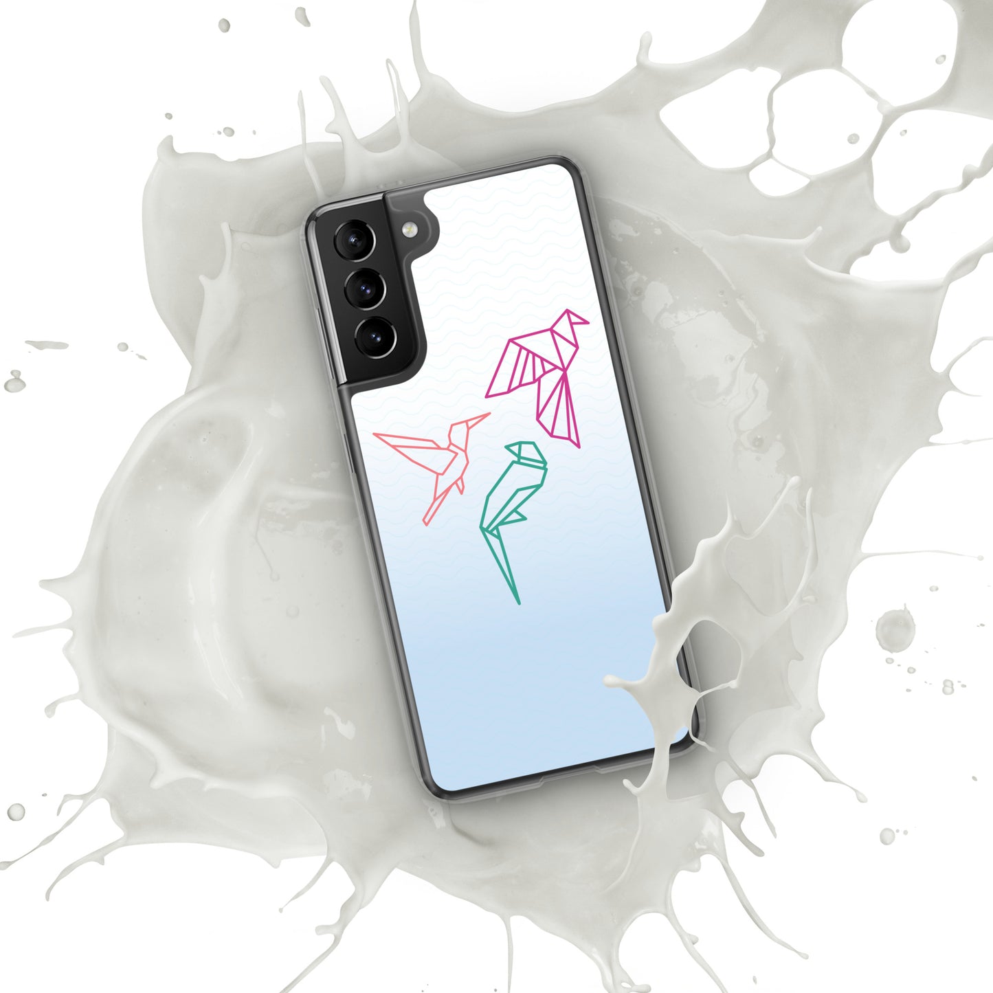 Clear case for Samsung with a three birds in orange, green and pink