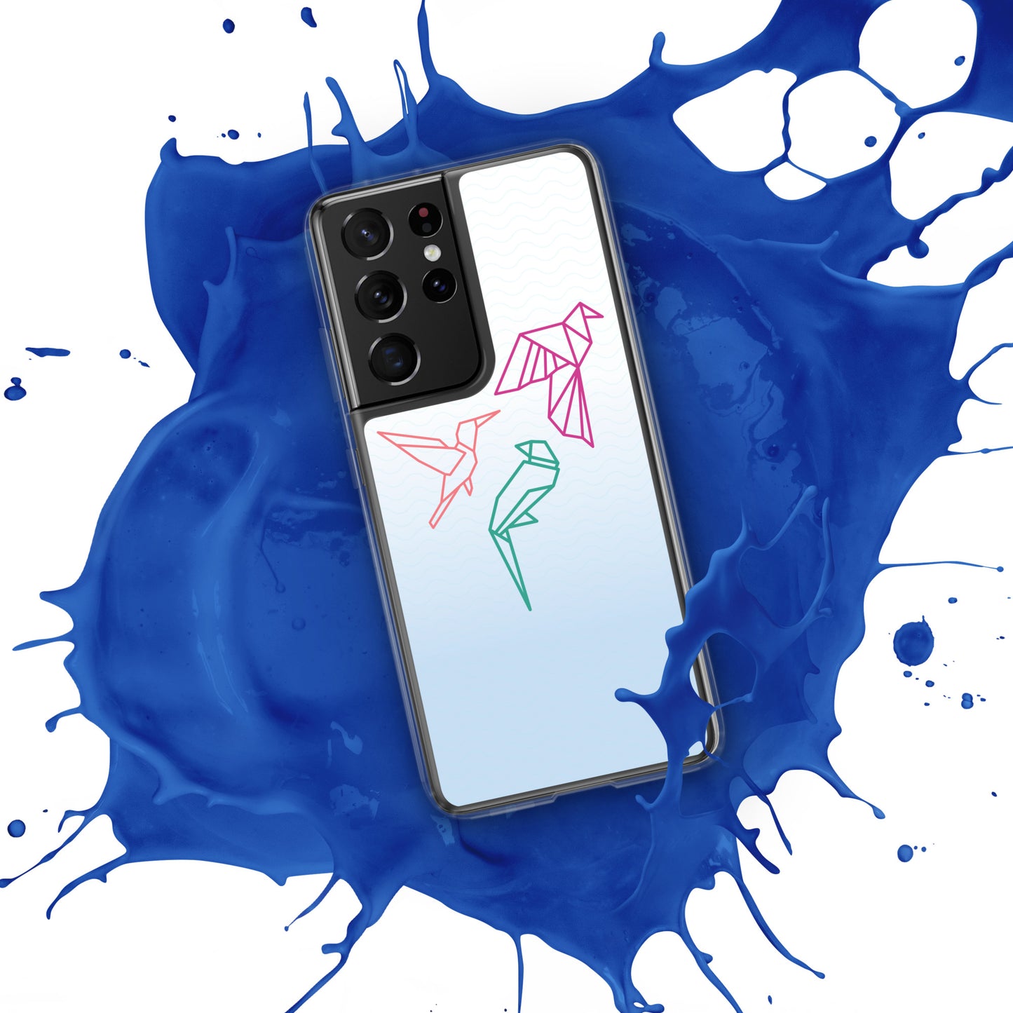 Clear case for Samsung with a three birds in orange, green and pink