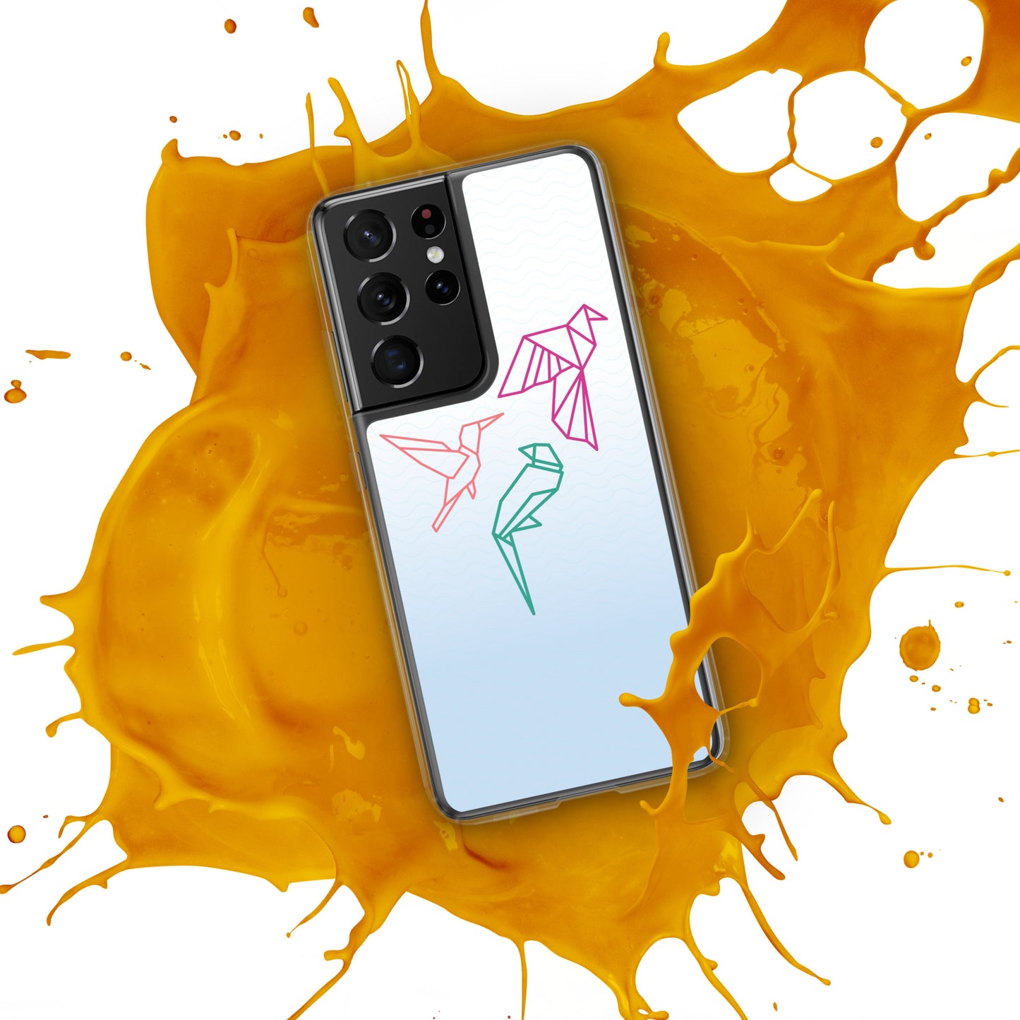 Clear case for Samsung with a three birds in orange, green and pink